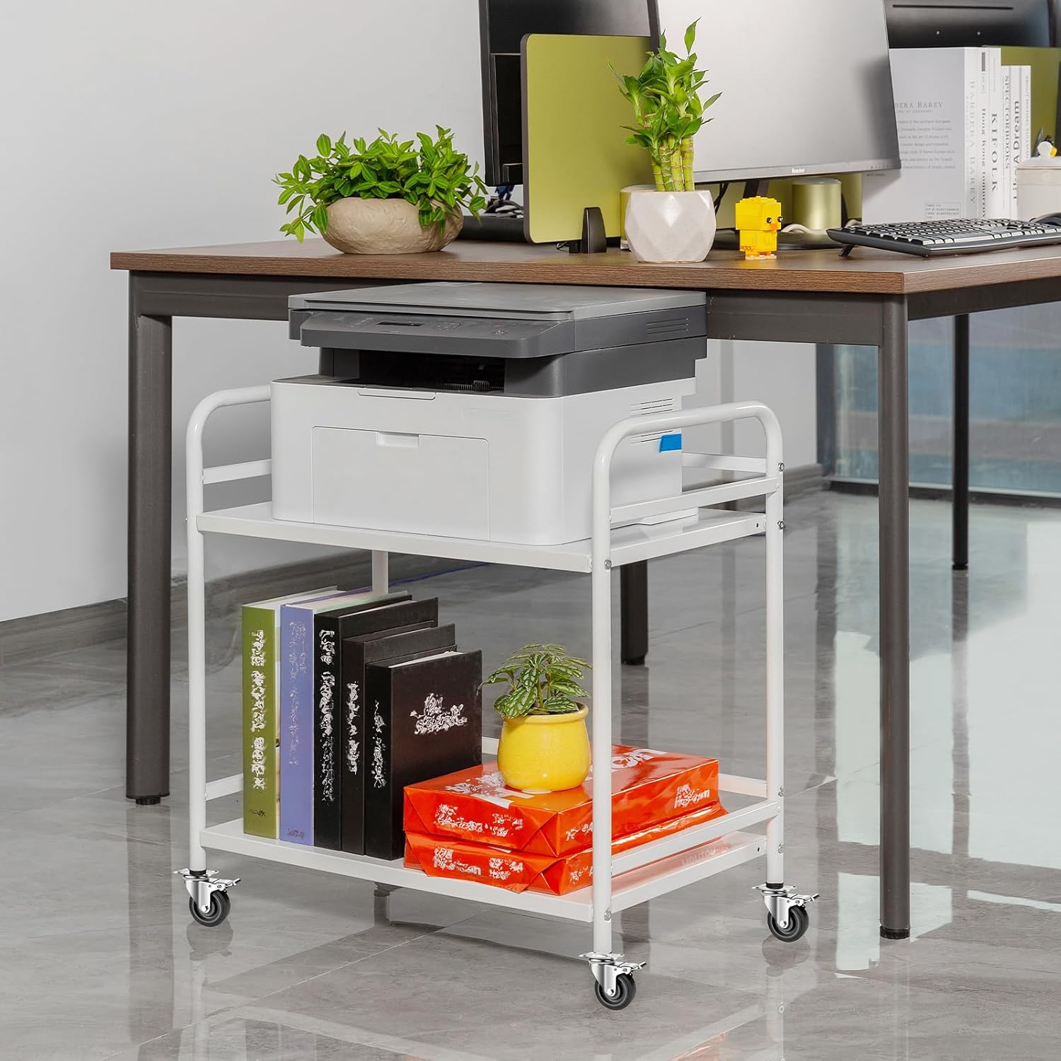 HDANI 2 Tier Under Desk Printer Stand with Storage,Microwave Storage Rack,Metal Rolling Printer Cart with Wheels for Home Office,Utility Storage Cart and Stand,White