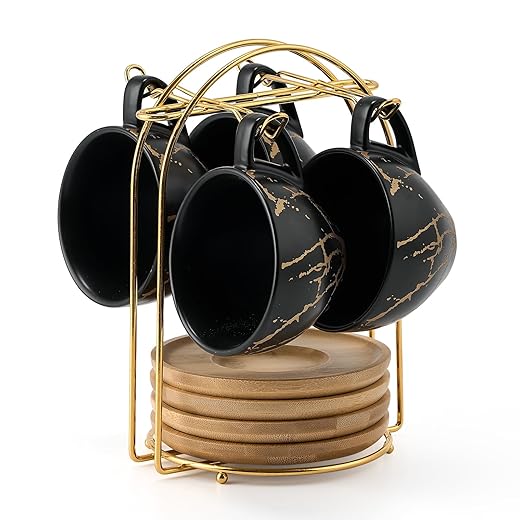 LUKA Ceramic Demitasse Espresso Cups Set with Saucers and Metal Stand, 8 oz Porcelain Stackable Cappuccino Cups Teacup For Tea, Espresso, Latte, Coffee, Cafe Mocha, Set of 4, Black