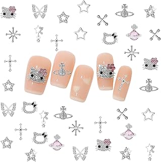 ネイルパーツ キティ 星 クロス 60個セット 3D 立体 可愛い 大きい 猫 蝶 惑星 十字架 ネイルパーツ ストーン シルバー メタルパーツ ネイルアート デコパーツ ジュエリーパーツ 手芸 ハンドメイド レジン パーツ (銀 A)