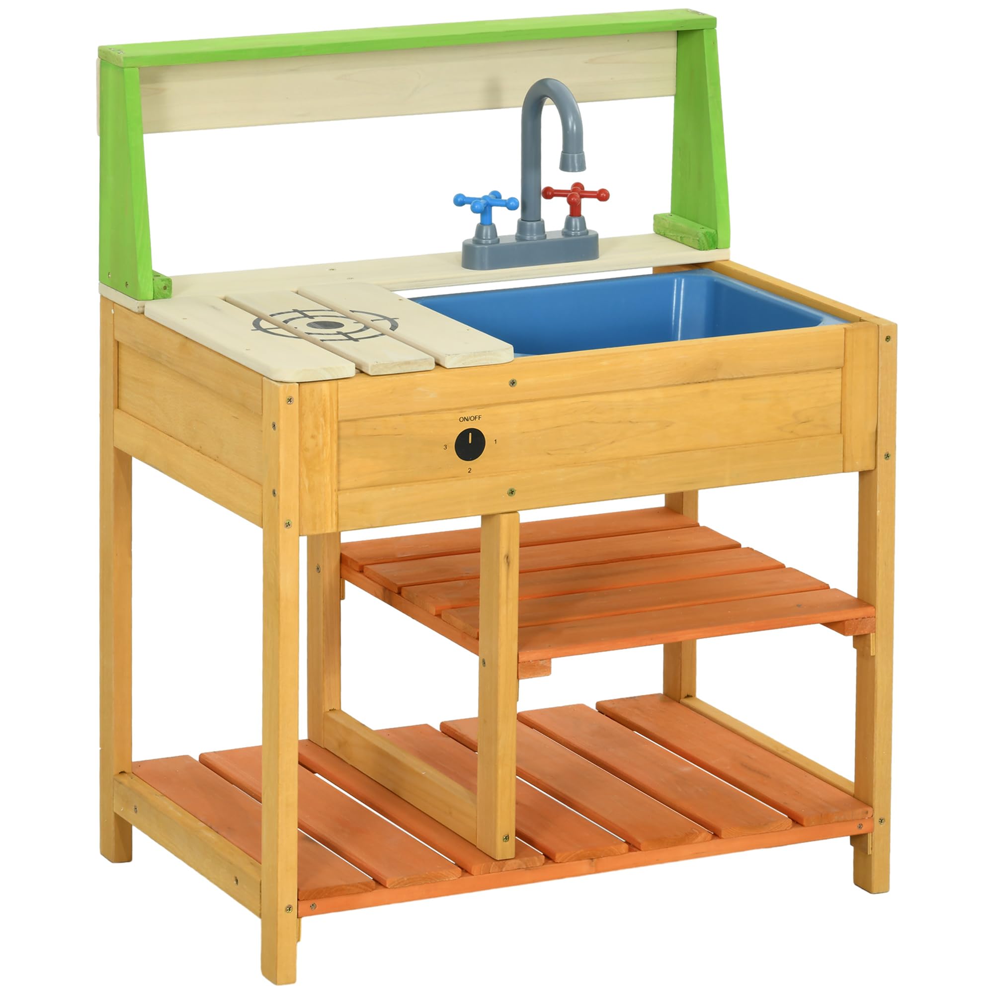 Outsunny - Cocina al aire libre, cocina infantil de madera, juego de imiación, con estantes fregadero y grifo, apto para niños de 3 a 8 años, lavabo infantil, 58 x 39 x 73 cm, multicolor