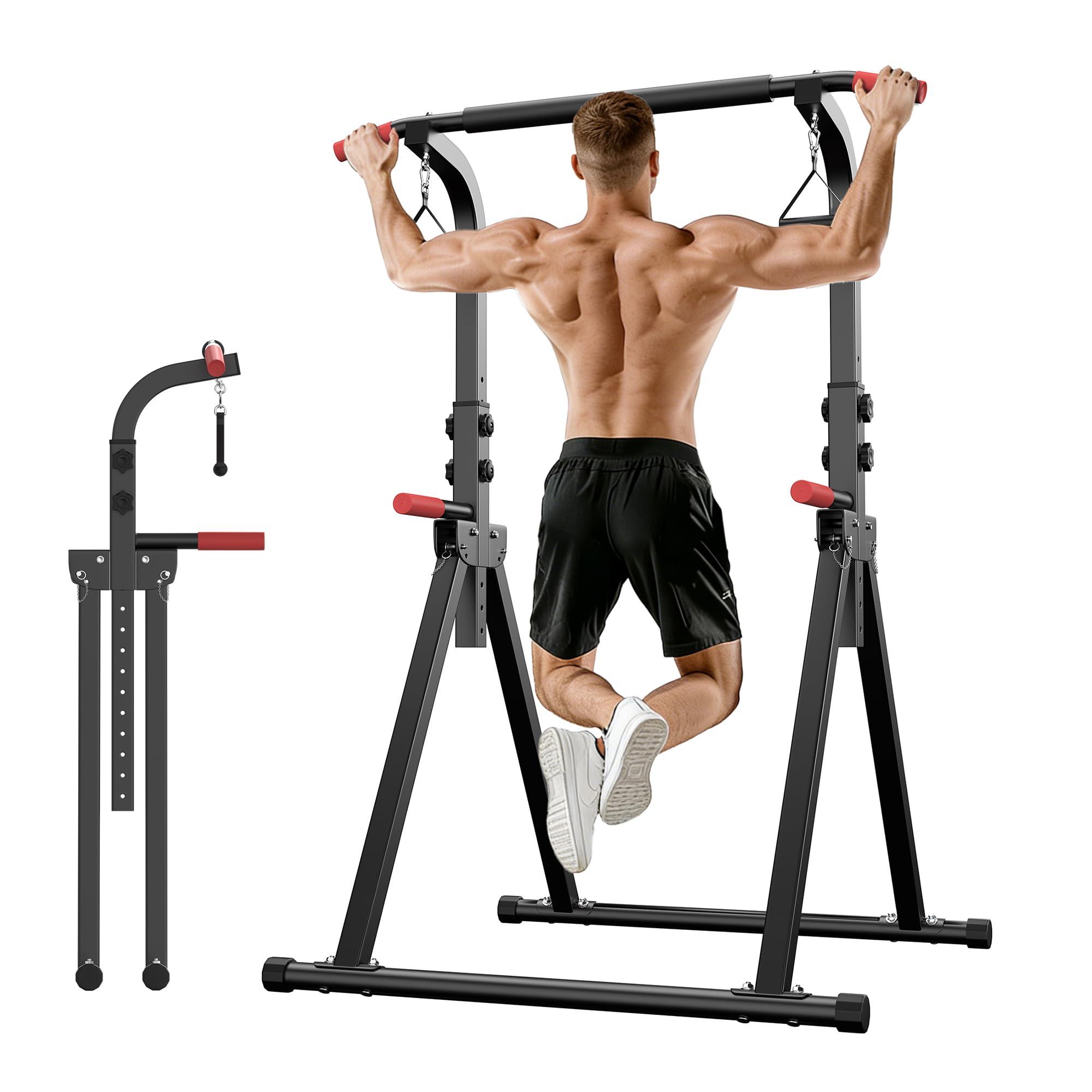 Faltbar Power Tower Dip Station, Klimmzugstange freistehend mit Aufhängering, Multifunktions Home Gym Trainingsgerät, Höhenverstellbar von 175-210cm,Home-Gym Belastbar 150kg