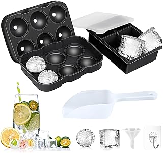 Ice Cube Tray, 2 Silicone Ice Cube Mold, Sphere Round Ice Ball Maker & Large Square Ice Cube Mold, Reusable Ice Trays for Whiskey, Cocktails, Wine, Drinks (Black)