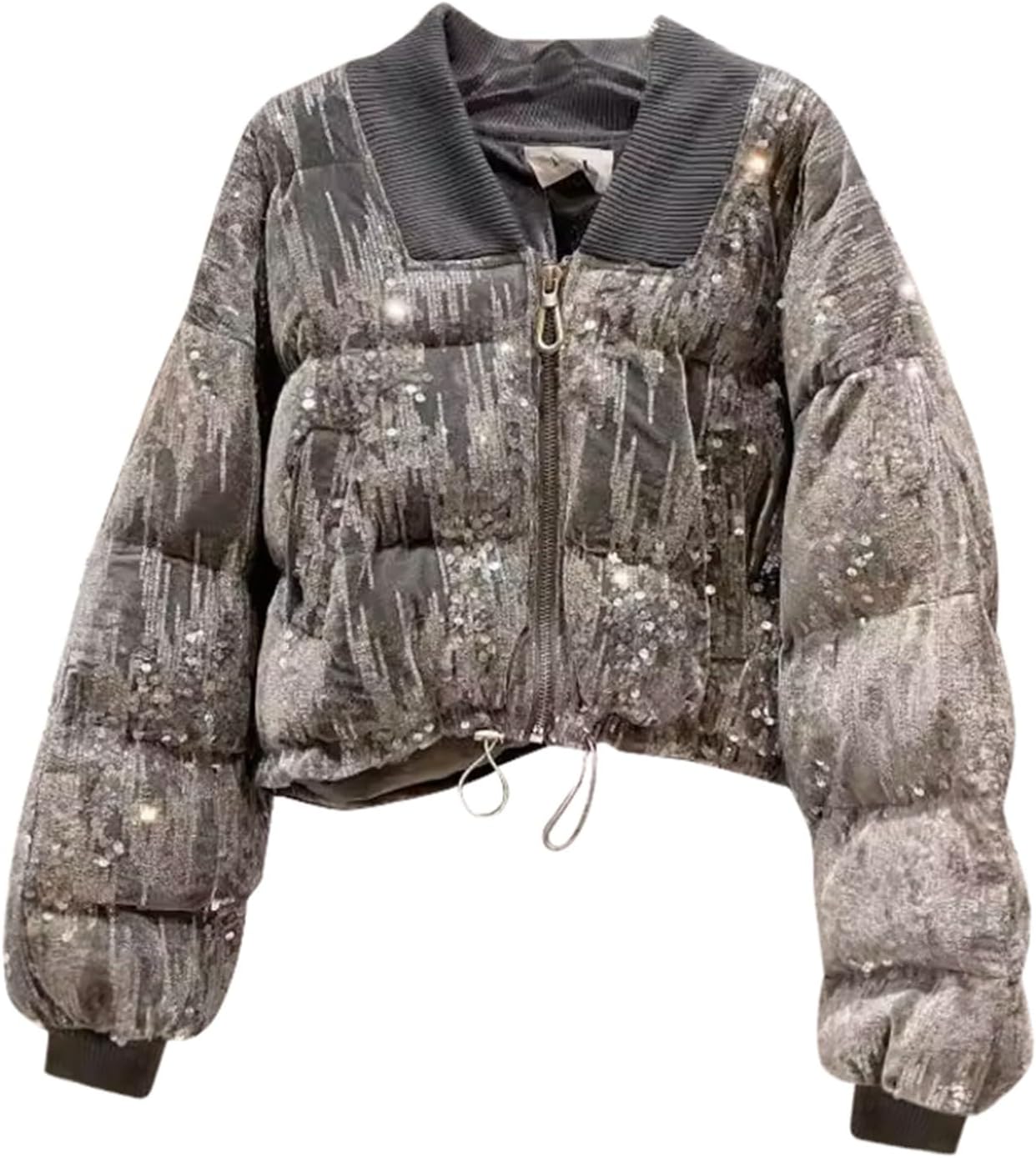 Girls Crop Sequin Puffer Jacket Winter Warm Windbreaker Zipper Fleece Down Coats Fashion Casual Soft Fuzzy Outerwear