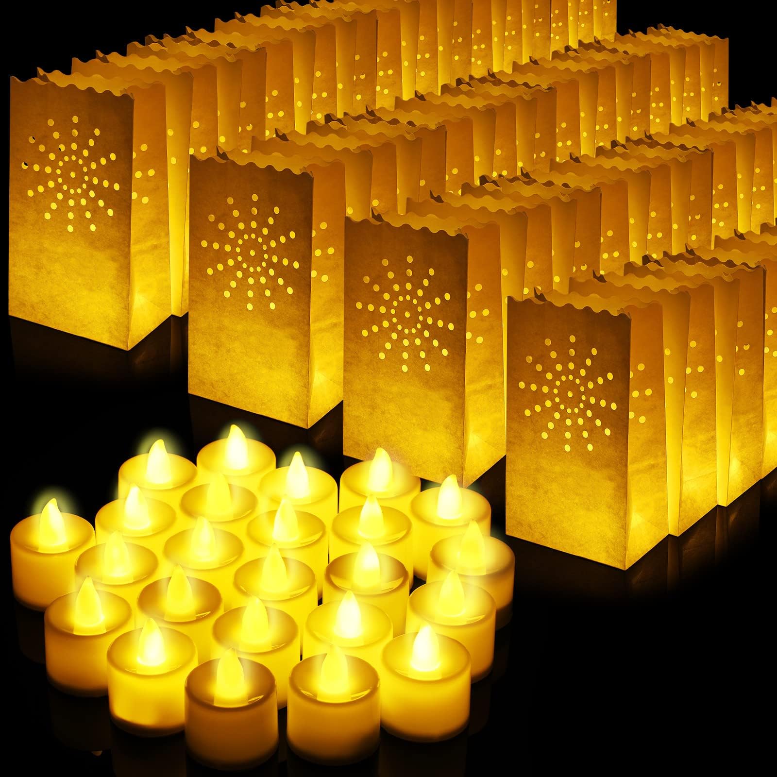 50 Sets Luminary Bags with Flameless Tea Lights Outdoor Luminaries LED Lantern Candle Bags for Wedding Birthday Ramadan Christmas Party Decorations Romantic Decor(Sun)