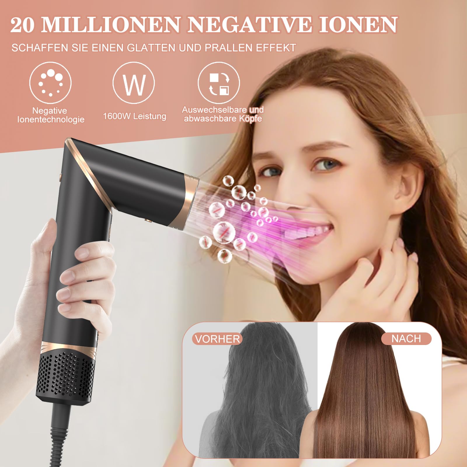 Suszarka do włosów 8 w 1, multistyler AirStyler, 1600 W, urządzenie do stylizacji włosów z silnikiem o prędkości 11 0000 obr./min, z grzebieniem powietrznym, lokówką (lewa i prawa), dyfuzorem, dyszą