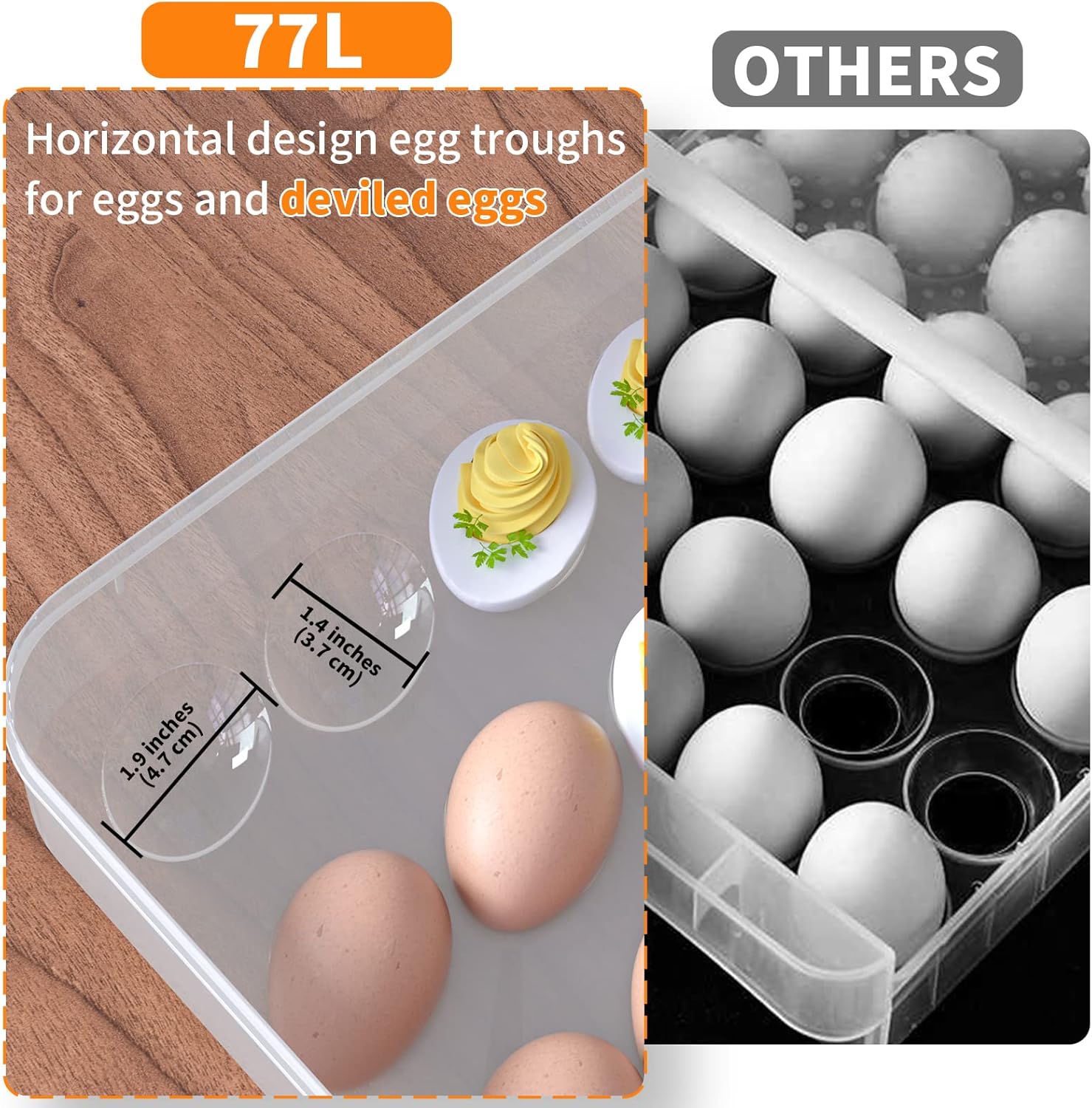 77L Deviled Egg Containers with Lid, (Set of 4), Plastic Egg Holder for Refrigerator for Eggs, Clear Storage Deviled Egg Carrier Tray, Fridge Stackable Countertop Portable Egg Dispenser