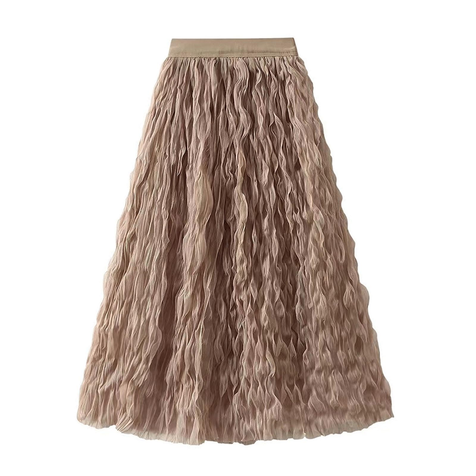 DUddTTW A-line Women's Midi Skirt Pleated Ankle Length Skirts Elastic Waisted Swing Skirt Wavy Maxi Skirts Mesh Midi Length Flowy Skirt(Brown,L)