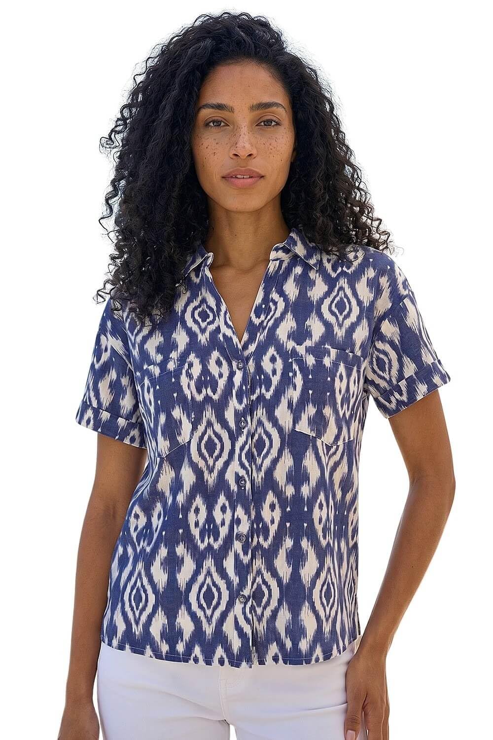 Roman Women's Navy Ikat Print Linen Blend Shirt Size 16