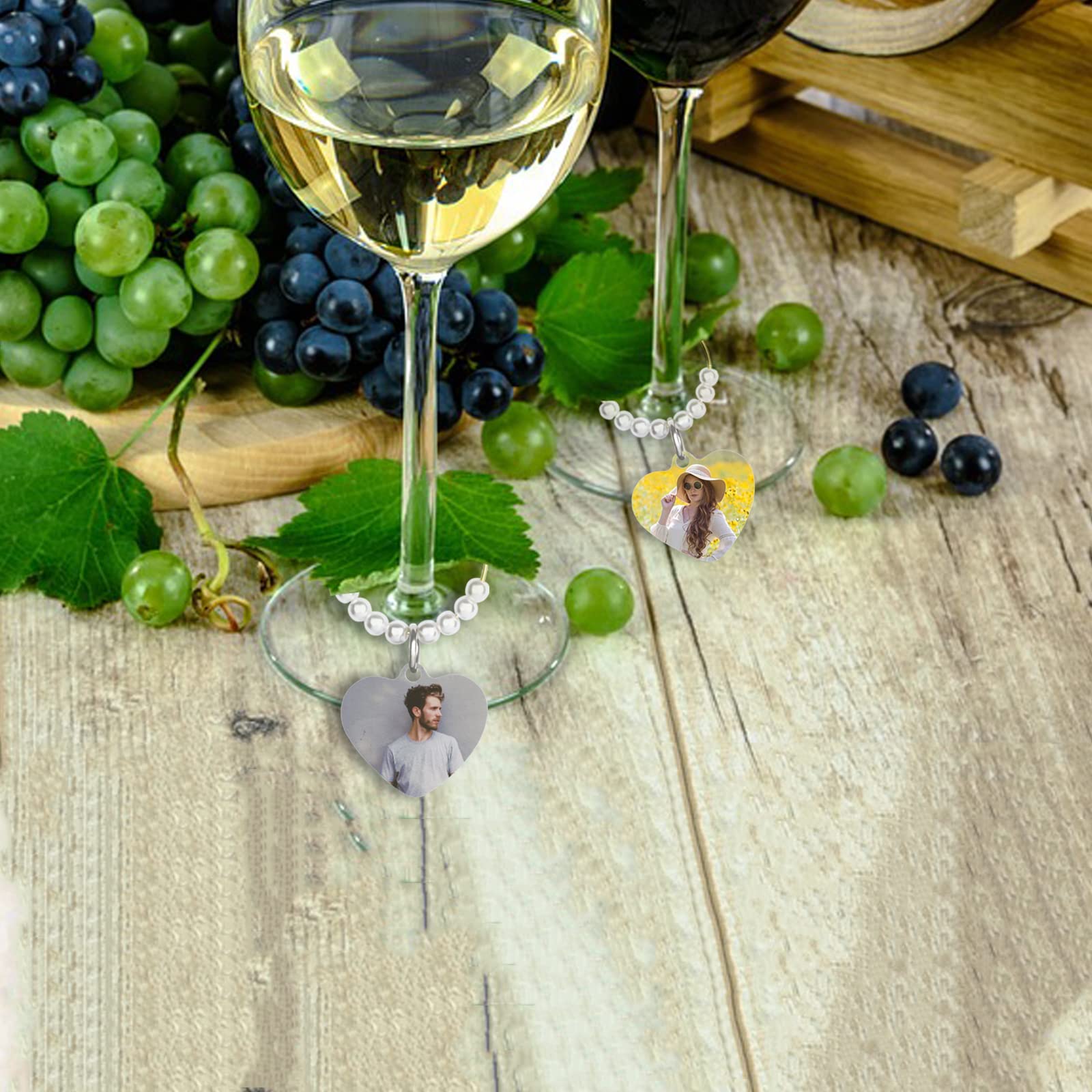 Breloques personnalisées avec photo en forme de cœur pour verres à vin, marqueurs, jour de mariage, anniversaire, Acier inoxydable
