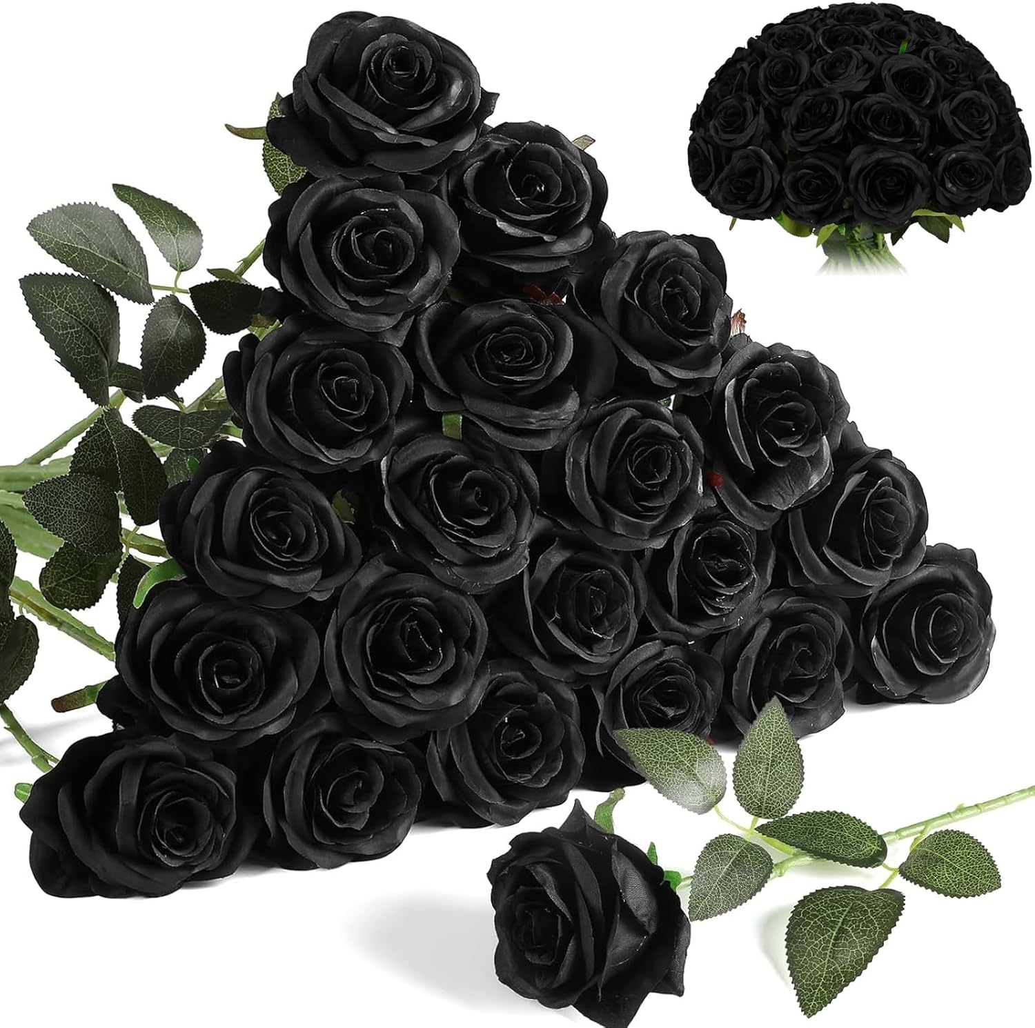 Nubry 24pcs Artificial Black Roses, Fake Silk Roses Flower with Long Stems, Realistic Flowers for Bridal Wedding Party Table Centerpiece Home Decor