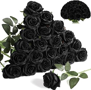 Nubry 24pcs Black Roses Artificial Flowers, Fake Flowers with Long Stem