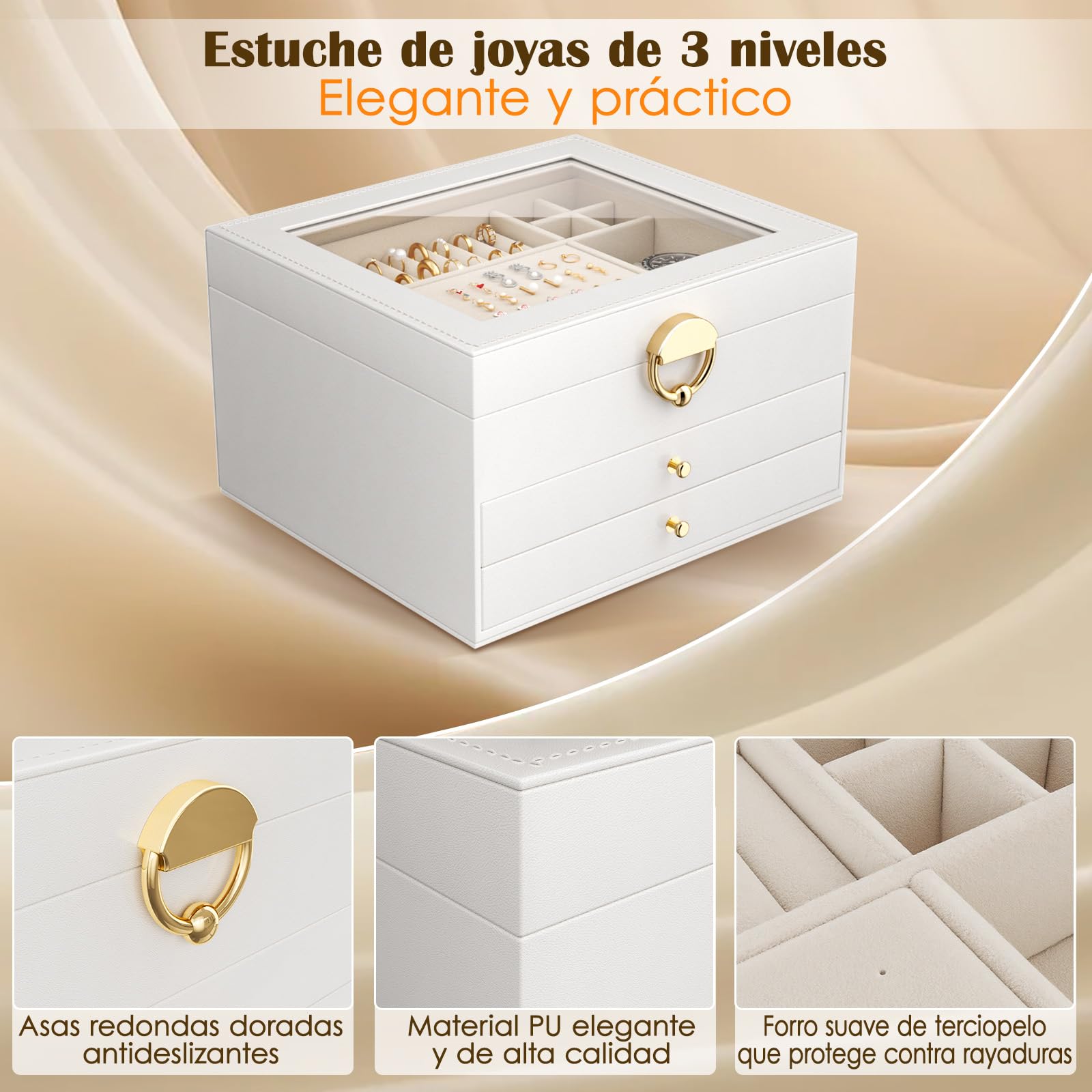 Caja Grande para Joyas 3 Niveles – Organizador Elegante para Anillos, Collares y Pendientes – 24 Compartimentos, Tapa Transparente –para Mujer(Blanco mate)