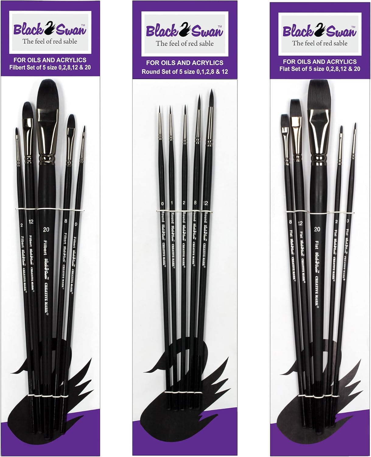 Black Swan Synthetic Red Sable Paint Brushes Set of 15 - Long Handle Paint Brushes in Assorted Shapes and Sizes for Oils, Heavy Body Media and Acrylics