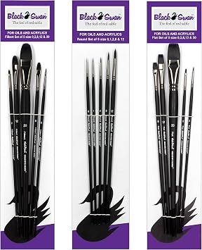 Black Swan Synthetic Red Sable Paint Brushes Set of 15 - Long Handle Paint Brushes in Assorted Shapes and Sizes for Oils, Heavy Body Media and Acrylics