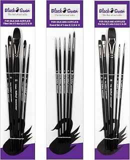 Black Swan Synthetic Red Sable Paint Brushes Set of 15 - Long Handle Paint Brushes in Assorted Shapes and Sizes for Oils, Heavy Body Media and Acrylics