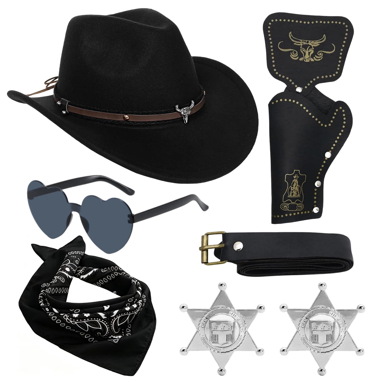 CYGMRFH Dark Brown Cowboy Costume Set - Western Cowboy Hat with Bull Skull Detail, Holster Belt, Black Paisley Bandana & Heart Sunglasses, Complete Fancy Dress Kit for Halloween Cosplay