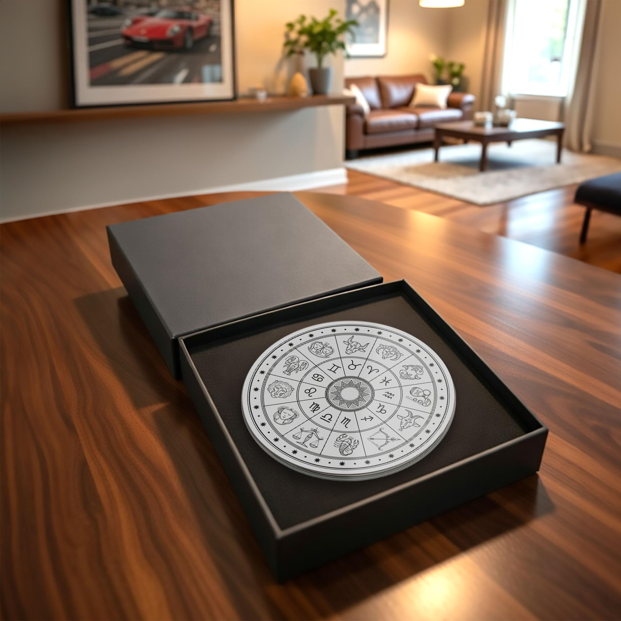 Zodiac Glass Coaster Round Tempered Glass Astrology Star Sign Celestial Horoscope Moon Phase Mystic Style Home Bar Accessory Gift (Gift Box Packaging)