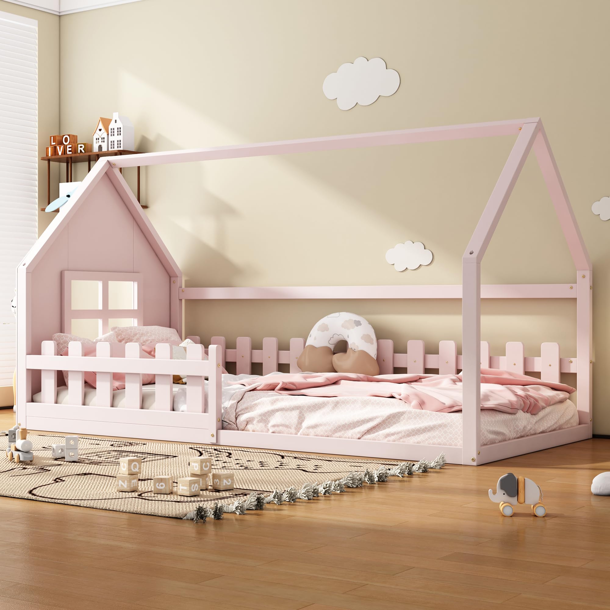 Kinderbett Hausbett 90x200cm, Montessori Bodenbett mit Rausfallschutz und Lattenrost, Holzbett für Jungen und Mädchen, ohne Matratze (Rosa -90×200cm)