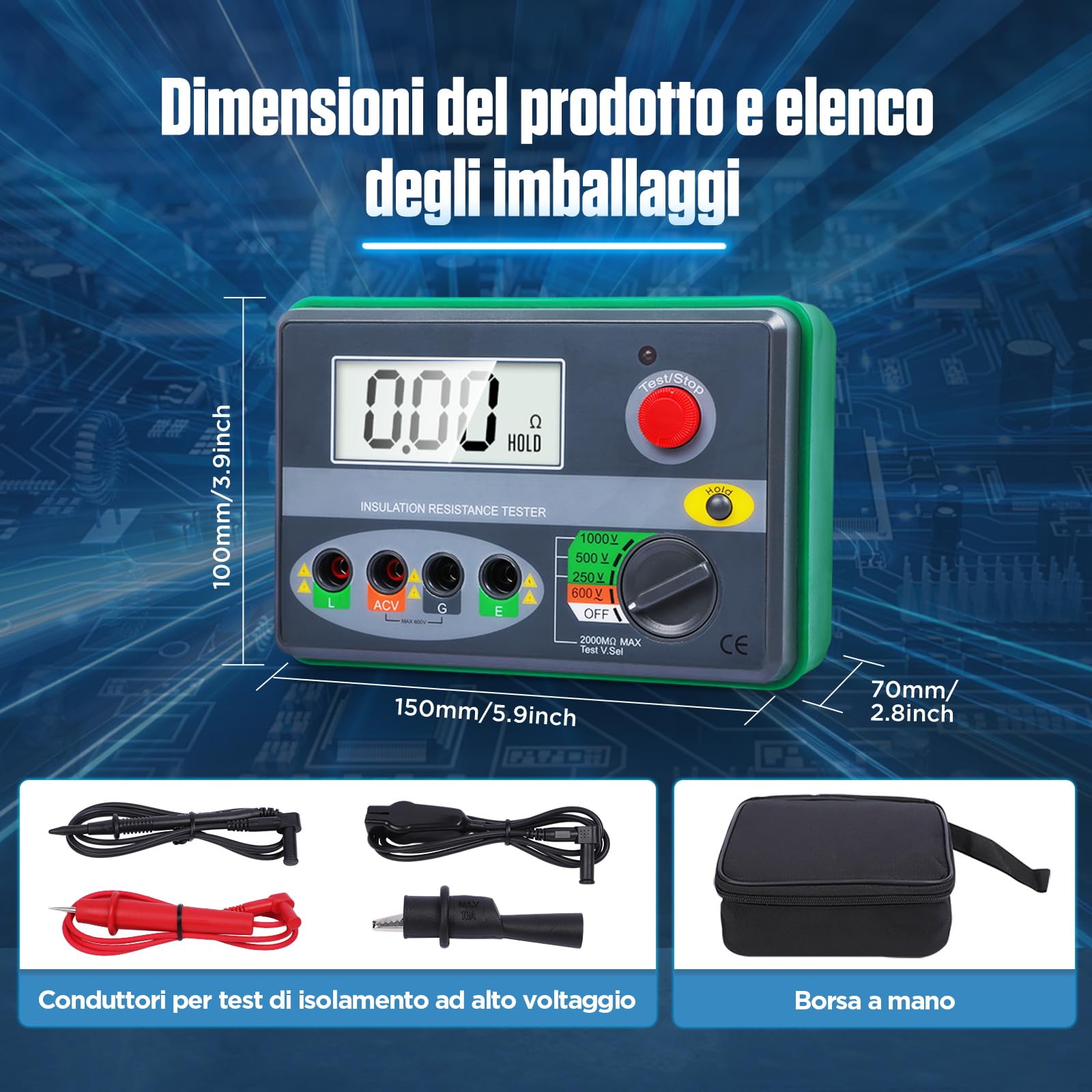KAISAL Tester di resistenza all'insulazione digitale, 0.01M-2000 MΩ, tester di isolamento con linee di misurazione, punta bassa resistenza, Megaohmmeter DC 250 V/500 V/1000 V