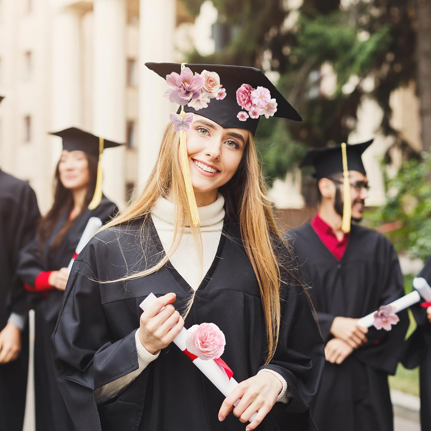 Artificial Silk Flower Heads for Crafts – Faux Roses, Daisies & Mini Floral Heads Bulk for Wedding, Graduation Cap, Cake Topper, Summer Party Decorations (Pink 1) - Image 5