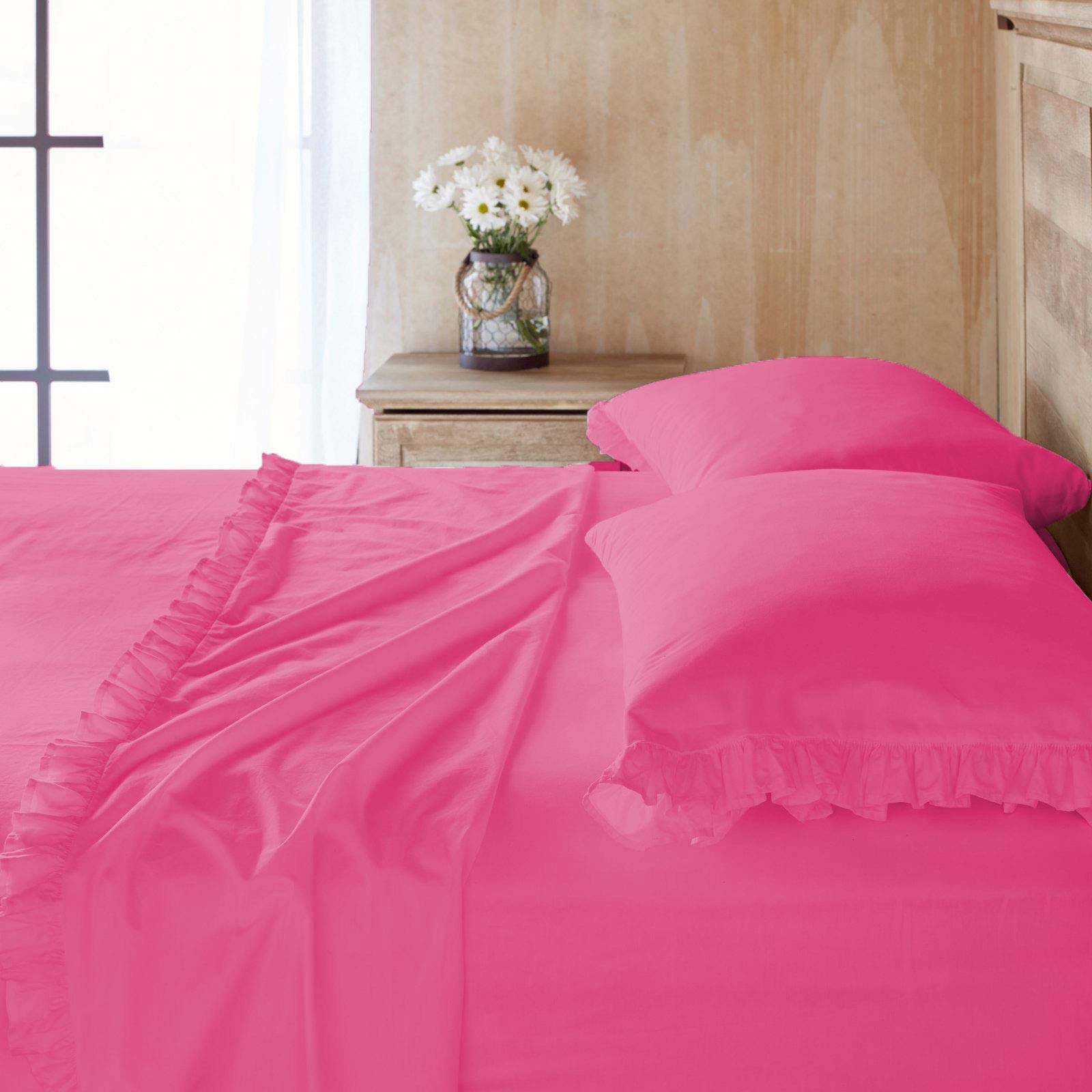 Coton égyptien 600 fils : drap plat empereur rose vif avec volants respirant