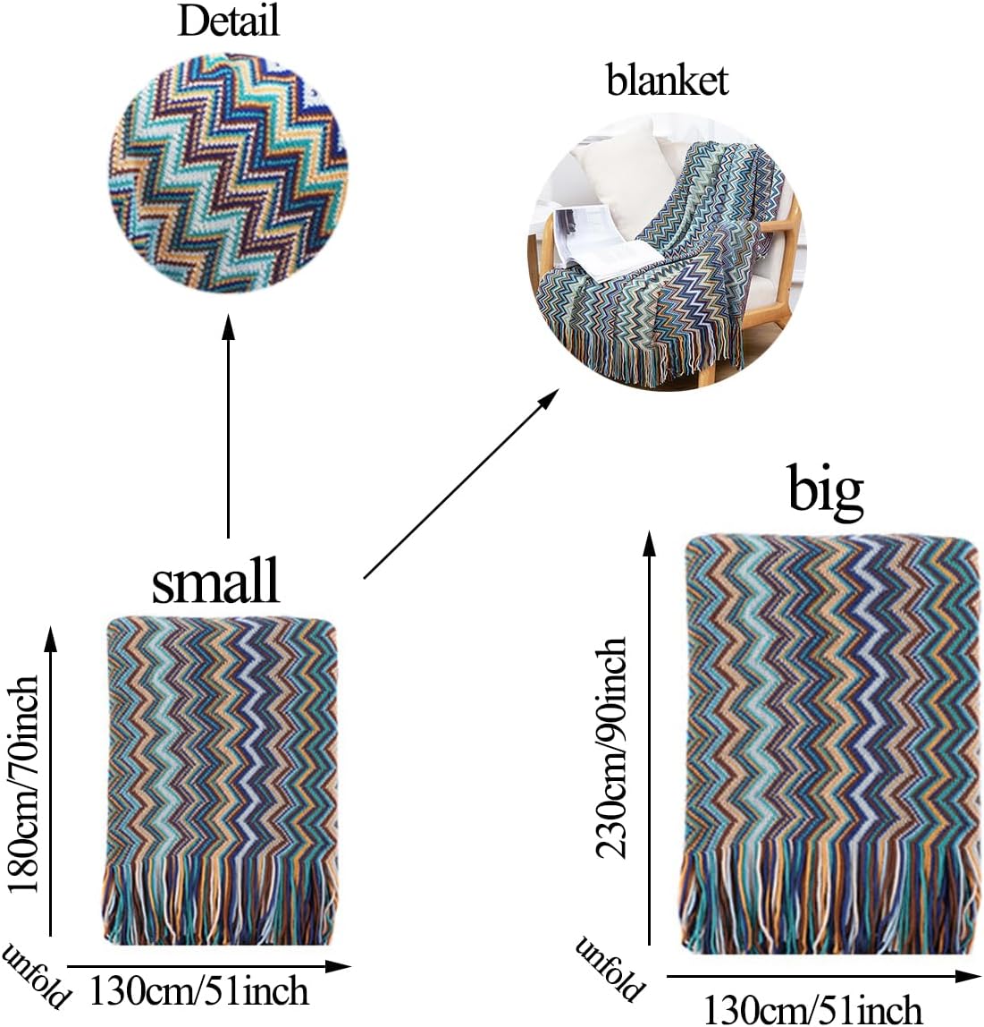 Bohemian National Style Office nap Blanket Knitted Blanket Sofa Blanket, Bohemian Decorative Summer Throw Blanket, Colorful Striped Blanket (Blue, Small)