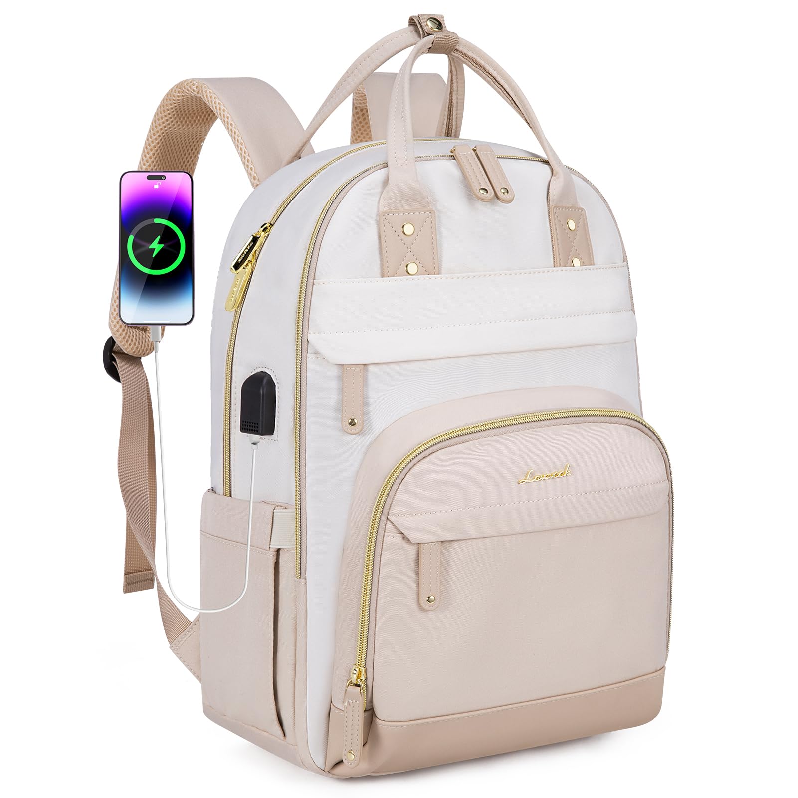 LOVEVOOKBackpack for Women,Laptop Backpack Women,Fits 15.6 Inch Laptop Bag,School Backpack,Fashion Travel Work Anti-theft Bag,Waterproof Business Computer College Backpack Purse,Beige white-Grey pink