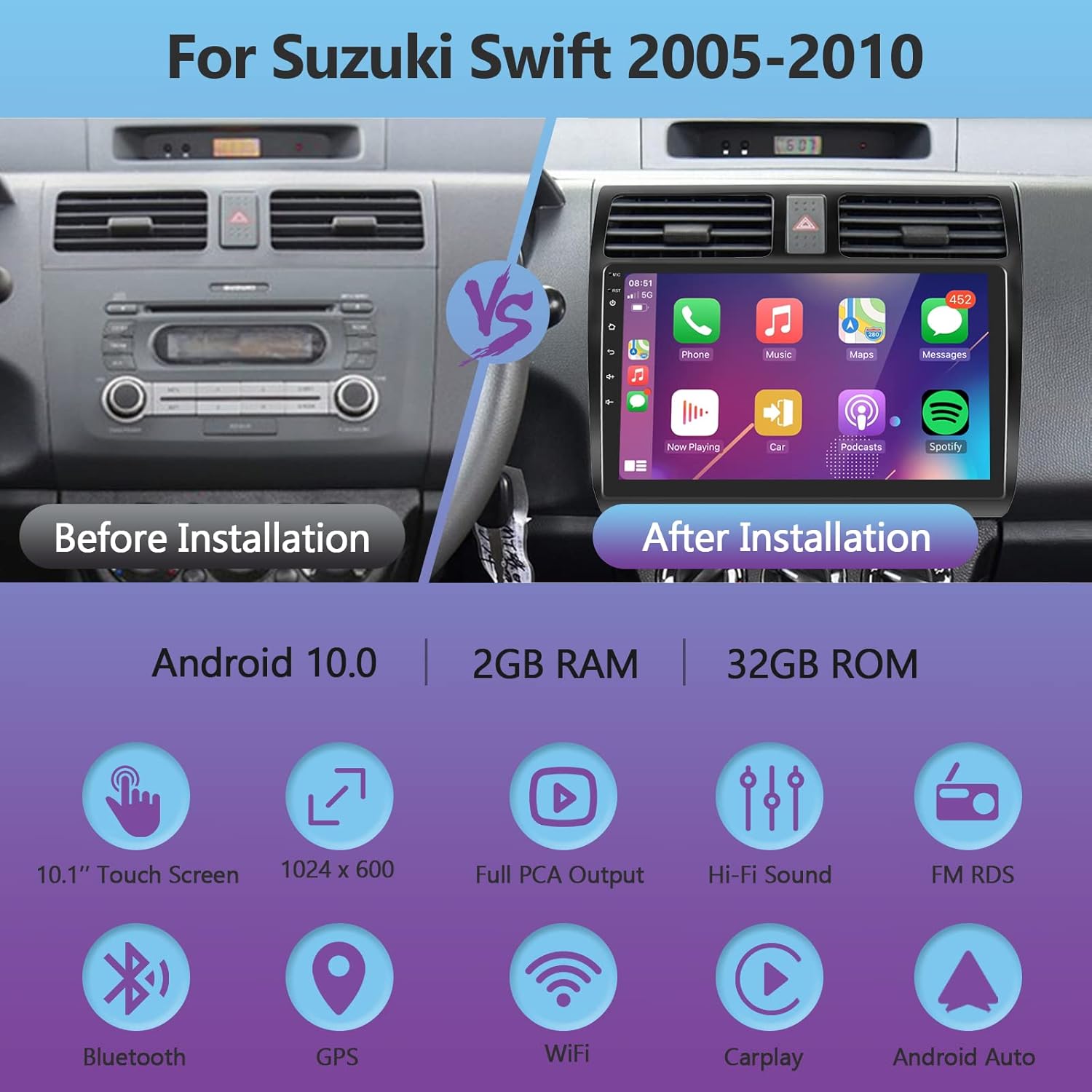 podofo android car stereo radio with carplay android auto for suzuki swift 2005 2006 2007 2008 2009 201010 inch touchscreen radio with gps navigation