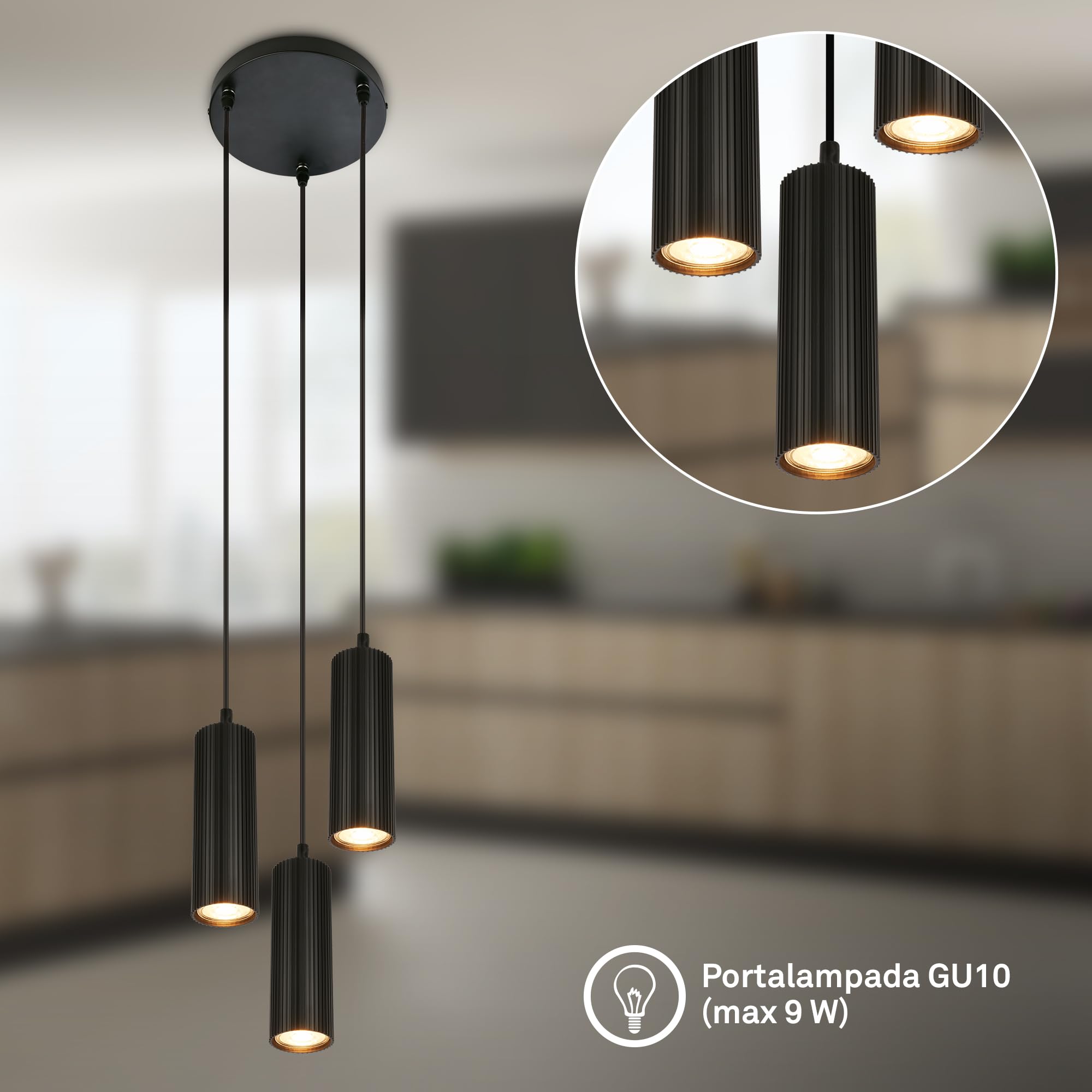 Briloner - Lampadario A Sospensione 3 Luci GU10 Regolabile Nero 120 cm