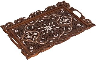 Premium Walnut Wood Serving Tray with Mother of Pearl Inlay, Handcrafted Floral Carved Decorative Serving Platter for Tea, Coffee & Elegant Home Décor