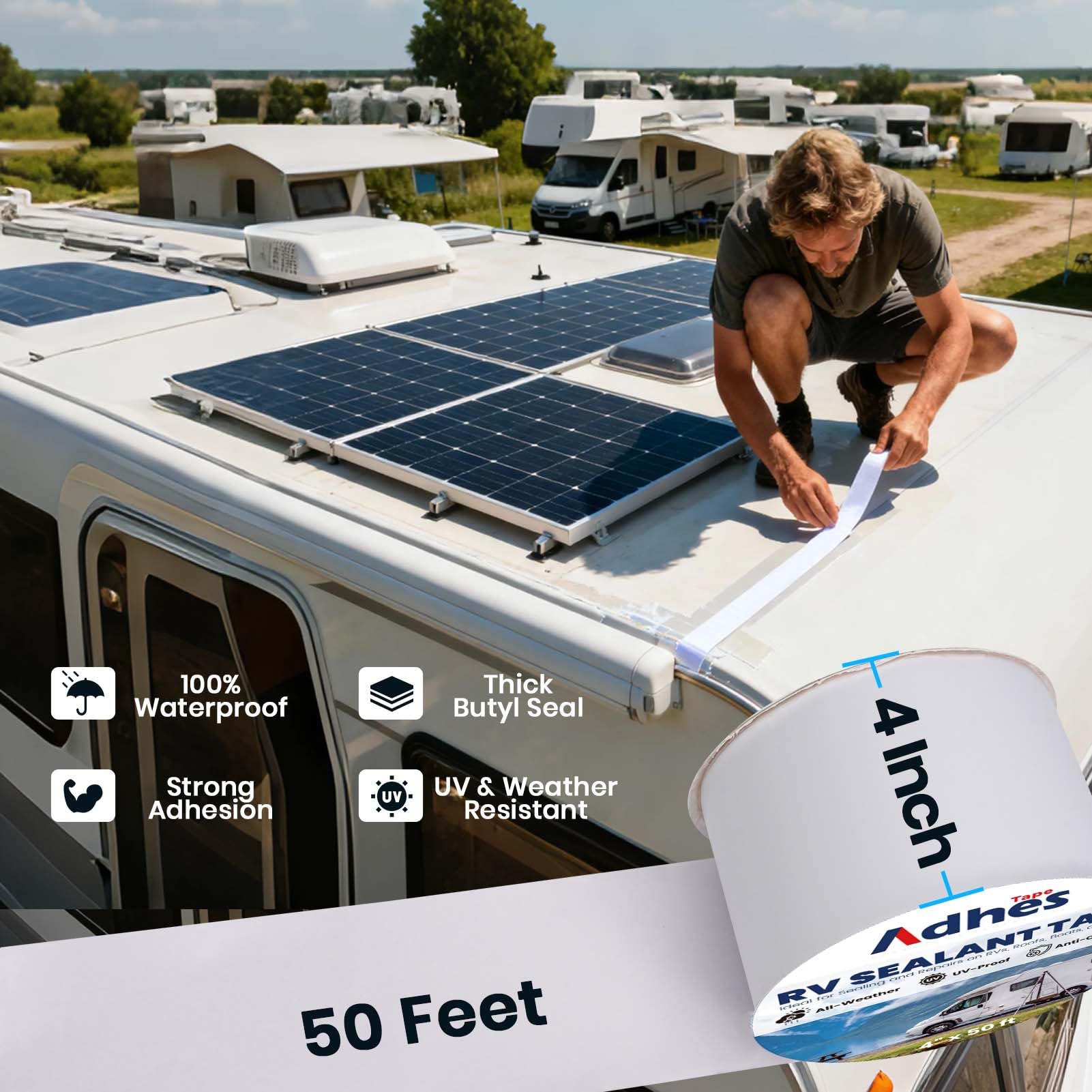 ADHES Cinta adhesiva para caravana blanca, 100 mm x 15 m, cinta impermeable para caravana, de goma butílica, para RV, autocaravana, autoadhesiva, para ventanas, techo, caravana, tubería