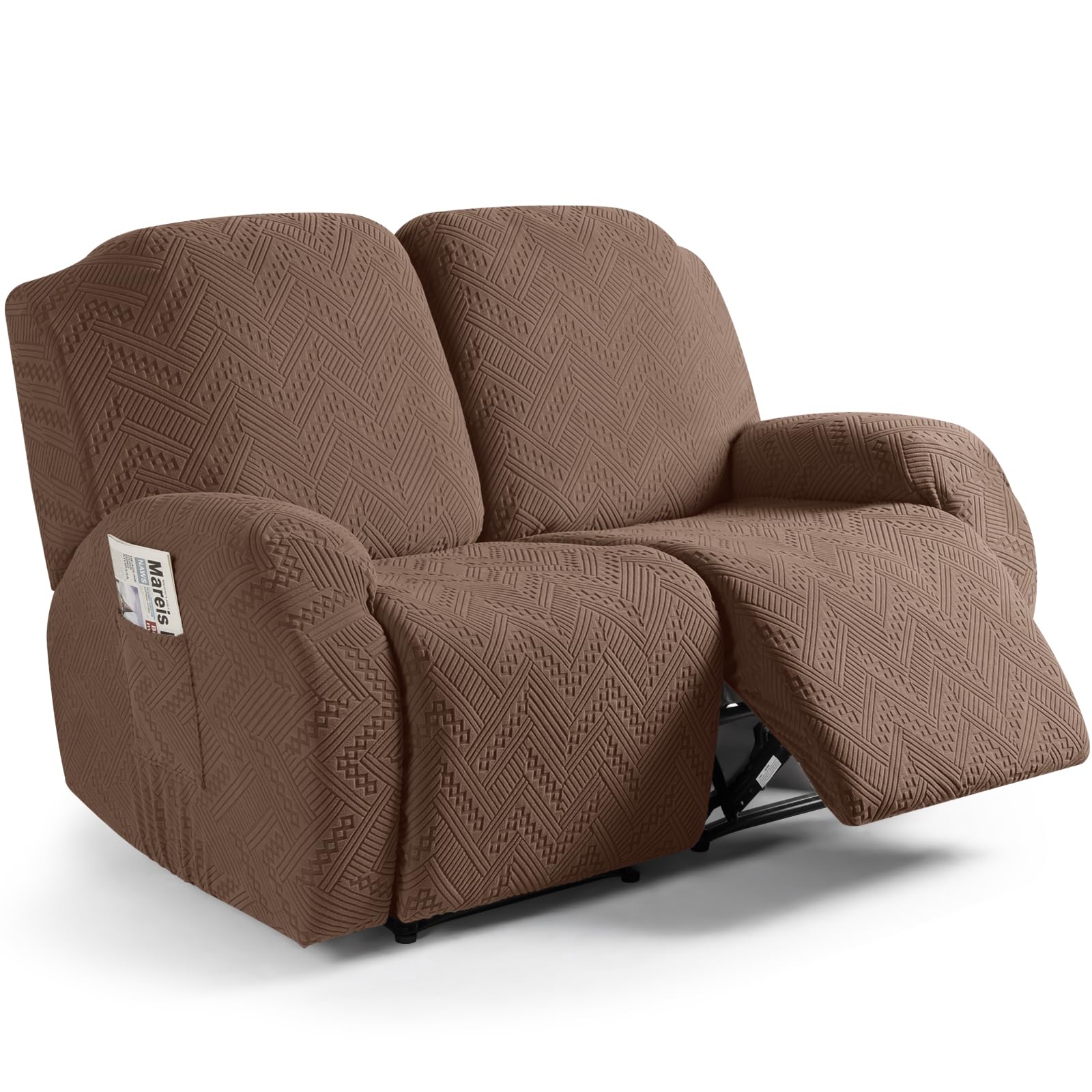 Ruaozz Recliner Sofa Covers Recliner Chair Covers Loveseat Recliner Slipcovers with Pockets Washable Furniture Protector with Elastic Bottom (2 Seater, Brown)