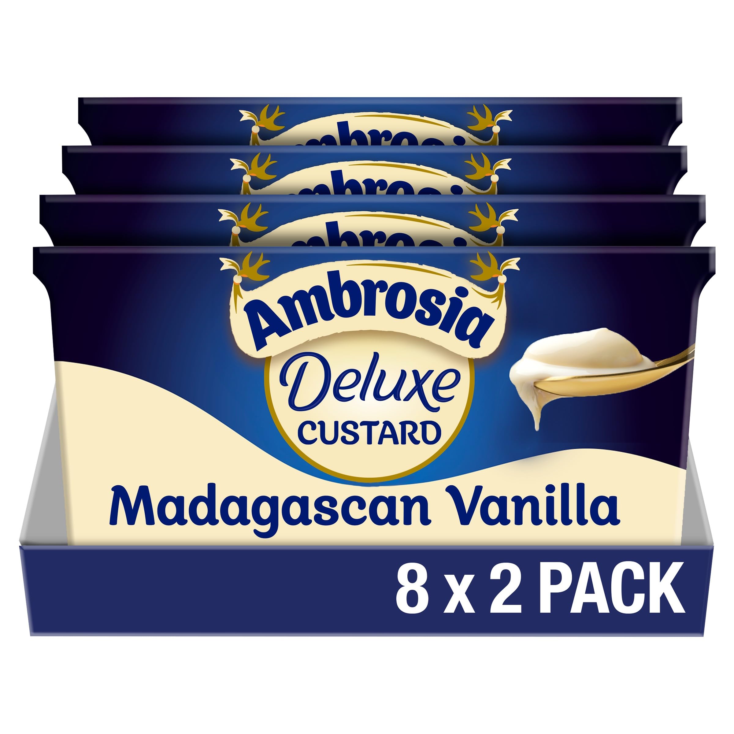 Ambrosia Deluxe Custard Pots, Madagascan Vanilla Flavour, Creamy Ready-to-Eat Dessert, 2 x 120 g (Pack of 8 - Total 16 Pots)