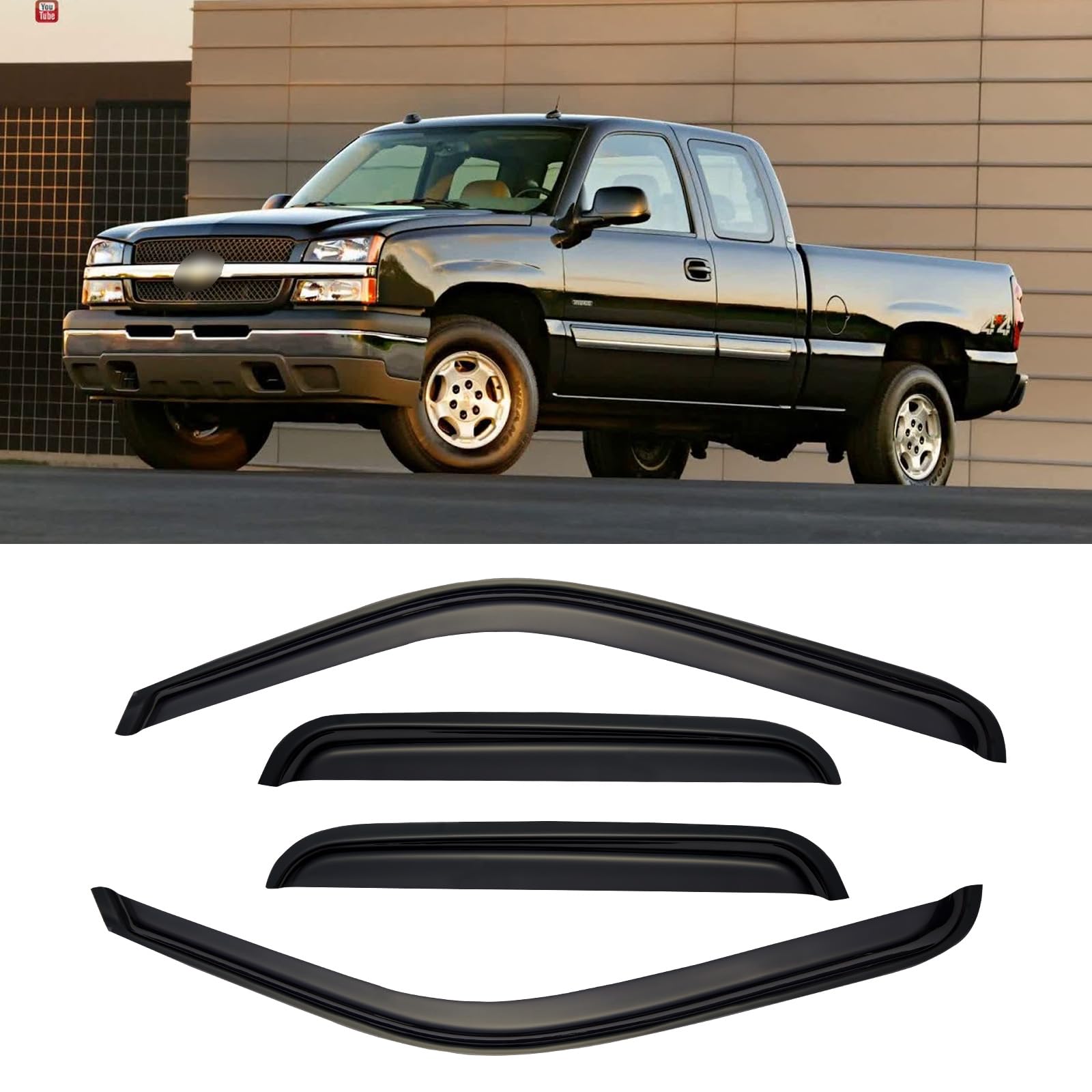 Window Visors for 1999-2006 Chevy Silverado & GMC Sierra 1500/2500 / 3500 HD, Rain Guards Shields Vent Deflector Shade Dark Smoke 2007 Classic for Extended Cab, Tape-On, 4PCS