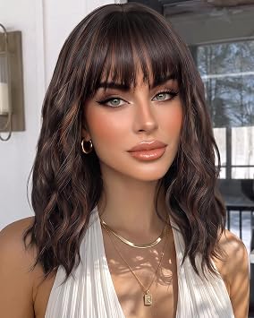 Dark Brown Wavy Wigs with Bangs Highlights 16 inch Medium Length Daily