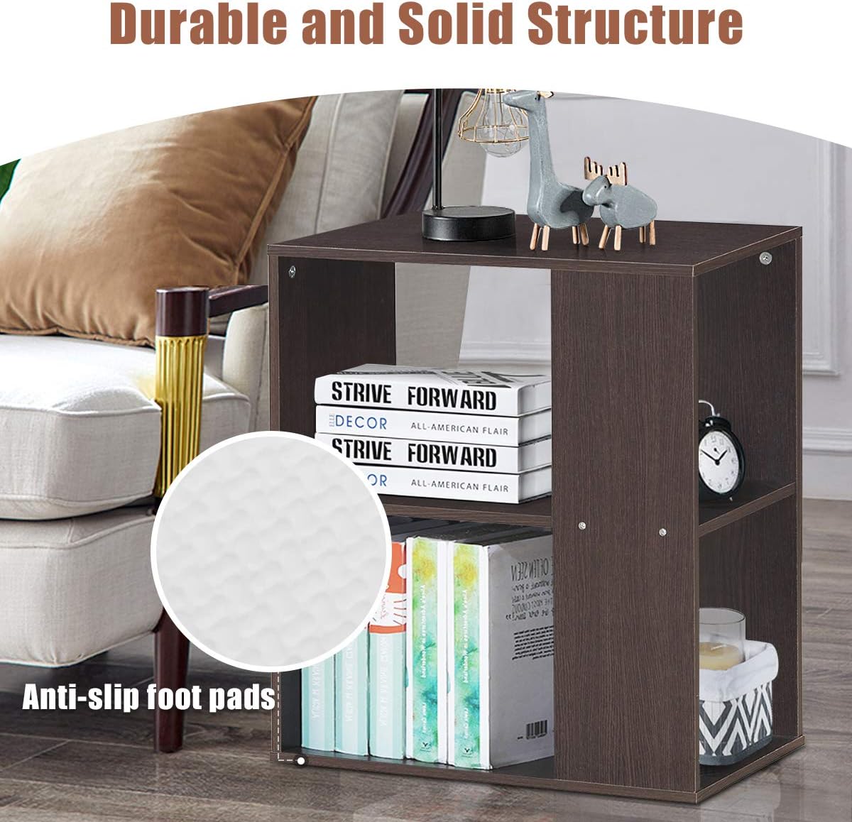 Giantex End Table with Shelves 3-Tier Open Storage, Side Table W/Foot Pads for Living Room, Bedroom, Study, Office Side Table Nightstand (1, Brown)
