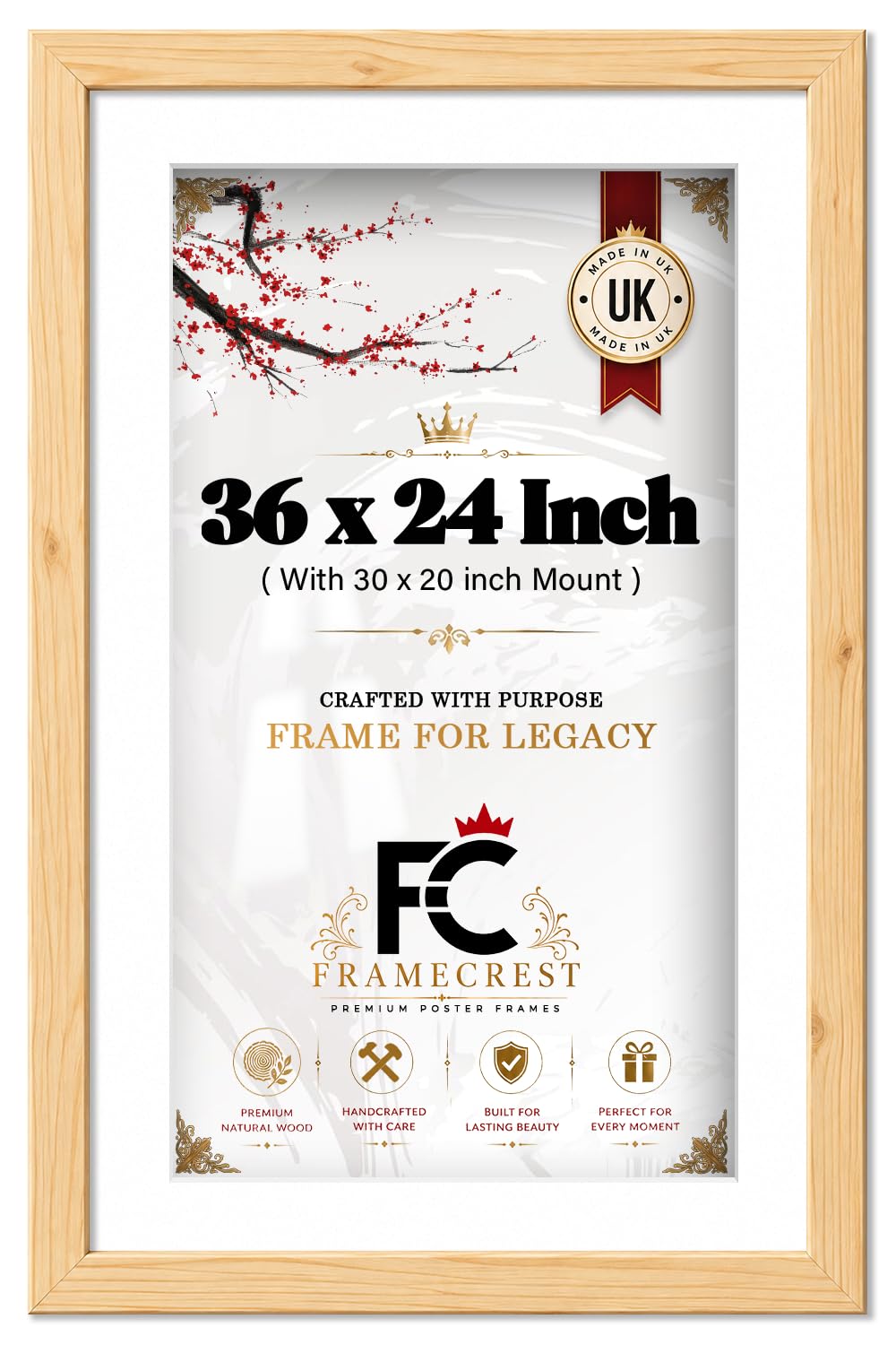 FRAMECREST LTD Contemporary 36 X 24 Poster Frame With 30 X 20 White Mount, Pine Picture Frame With Acrylic Cover For Large Wall Or Office Display, Ideal For Horizontal Landscape Posters - [Pine]
