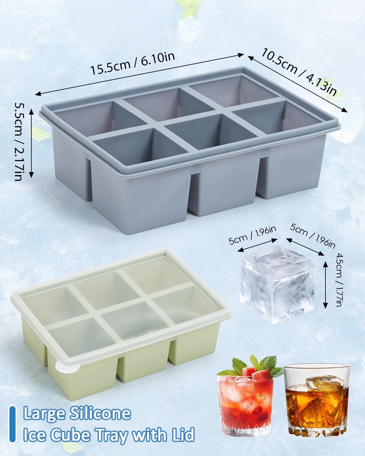 Cubiteras para Hielo Grande de Silicona con Tapa, Moldes Reutilizables de 2 Piezas