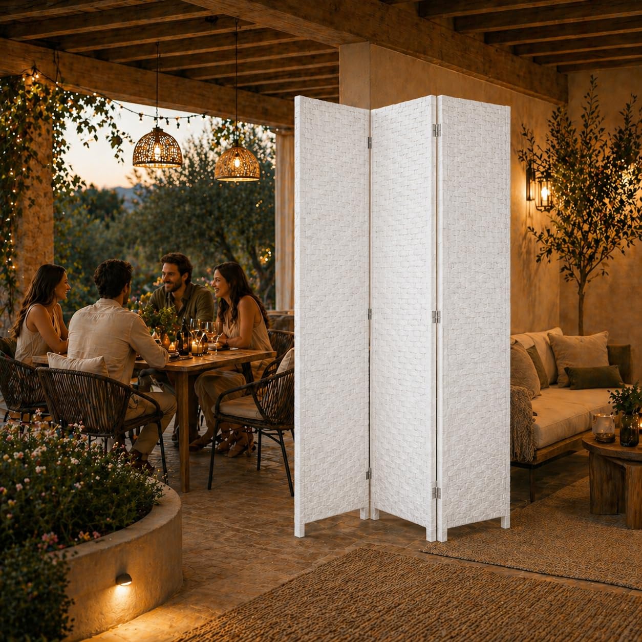 Separè da Interno 3 Pannelli 180X135h CM - Divisorio per Ambienti, in Plastica, Struttura in Legno, Motivo Intrecciato, Autoportante, per Soggiorno, Ufficio, Camera, Pieghevole - (Bianco)