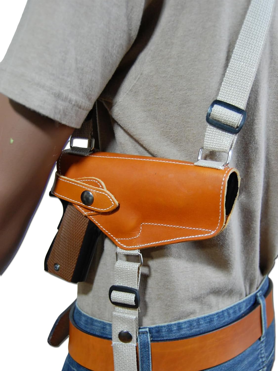 Barsony New Horizontal Tan Leather Shoulder Holster w/Dbl Mag Pouch for Full Size 9mm 40 45