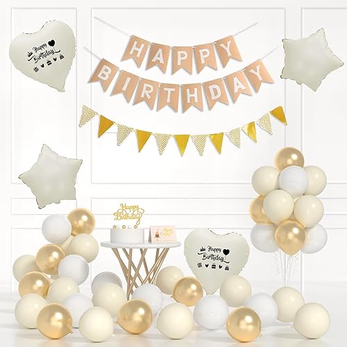 White And Golden Birthday Decorations, Sand Birthday Banner, Flag Banner, White Gold Sand Balloons, Love Star Foil Balloons With Stickers, Birth-day Card And Cake Topper For Party Decor
