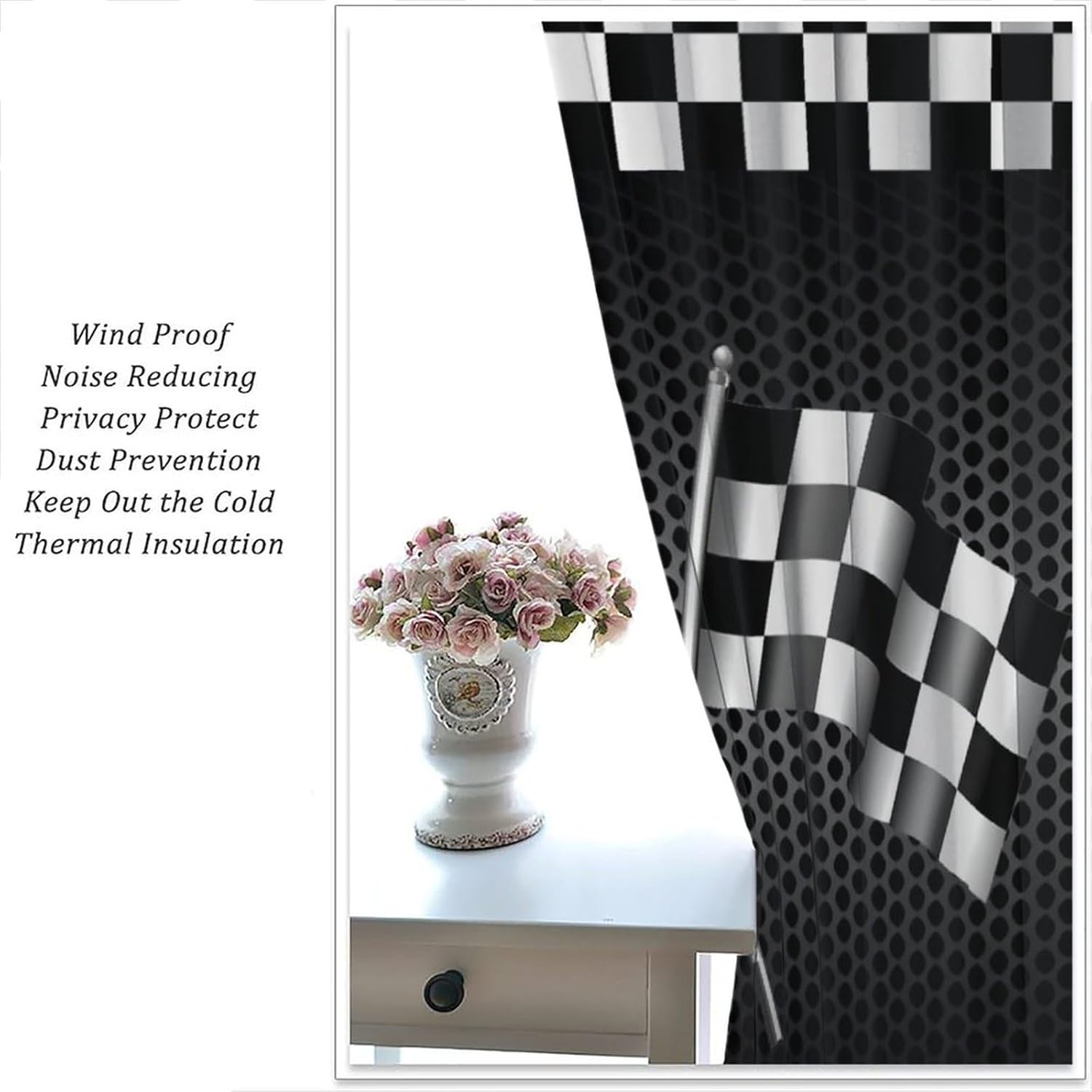 Racing Flag Curtains, Black and White Checkered Flags Racing Car Game Print Blackout Window Curtains Treatments for Kids Boys Teens Bedroom Living Room, 42" W X 45" L
