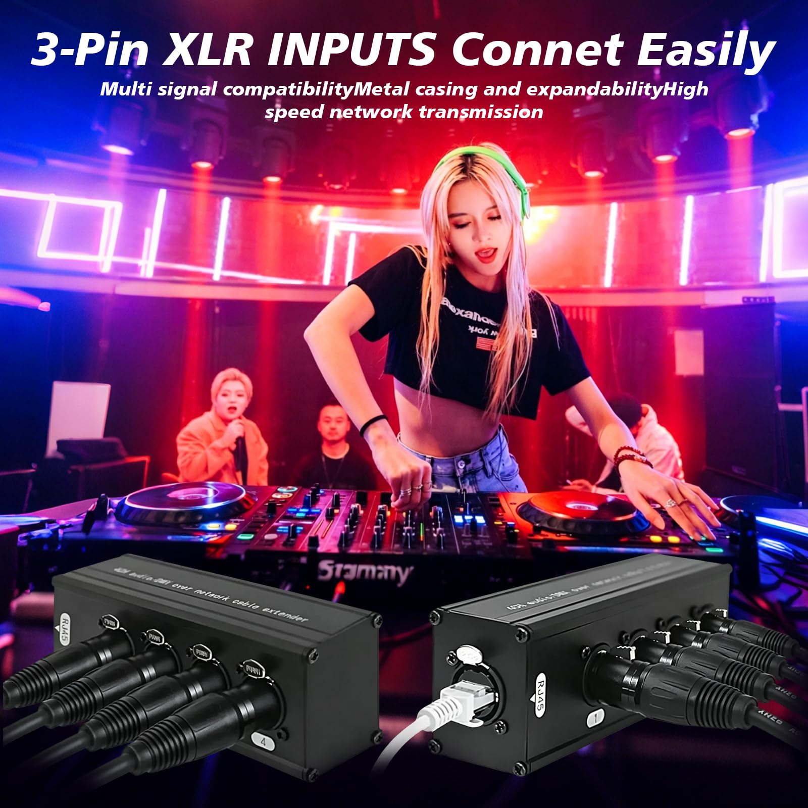 1 Par de Extensor DMX XLR a Ethernet de 4 canales, Adaptador XLR de 3 pines y Ethercon, Ethercon RJ45 Cat5/Cat6/Cat7 Ethernet para escenario en vivo, sonido (macho +hembra)