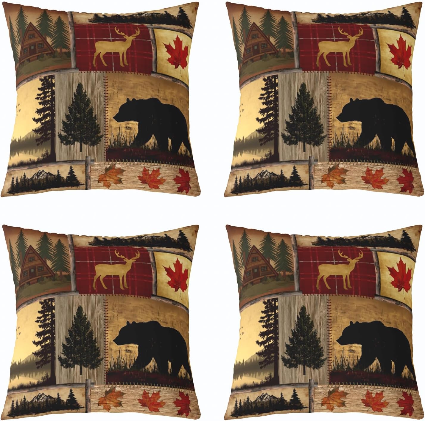 Bear Throw Pillow Covers 20x20 Inch Pack of 4, Rustic Deer Pillow Covers for Bed Sofa Couch, Farmhouse Wild Animals Cushion Covers, Maple Leaves Patchwork Decorative Accent Pillow Cases Cabin Decor