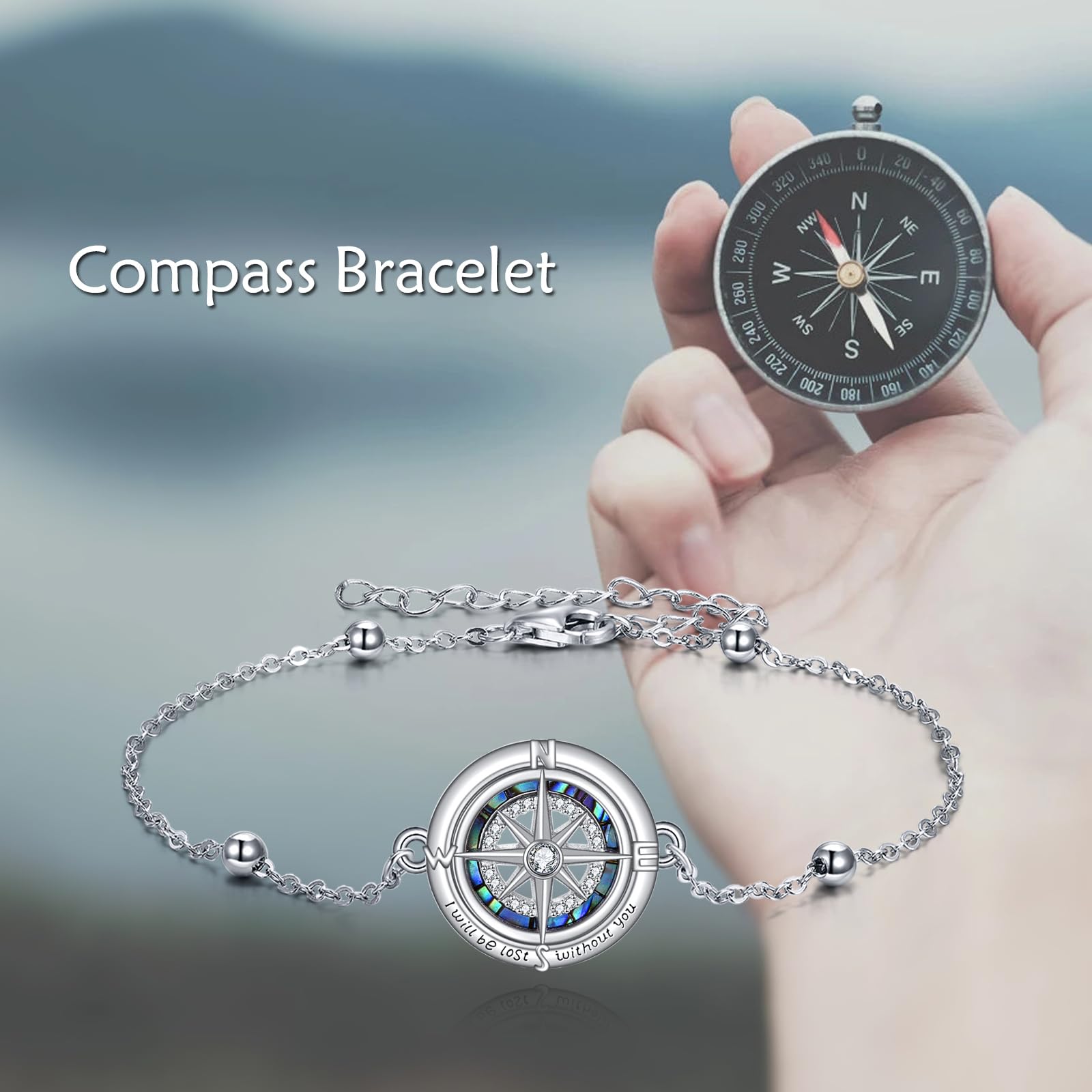 VONALA Pulseras de plata de ley 925 con cruces celtas y brújula de montaña para mujer, pulsera de cadena ajustable, regalo de joyería para familia y amigos