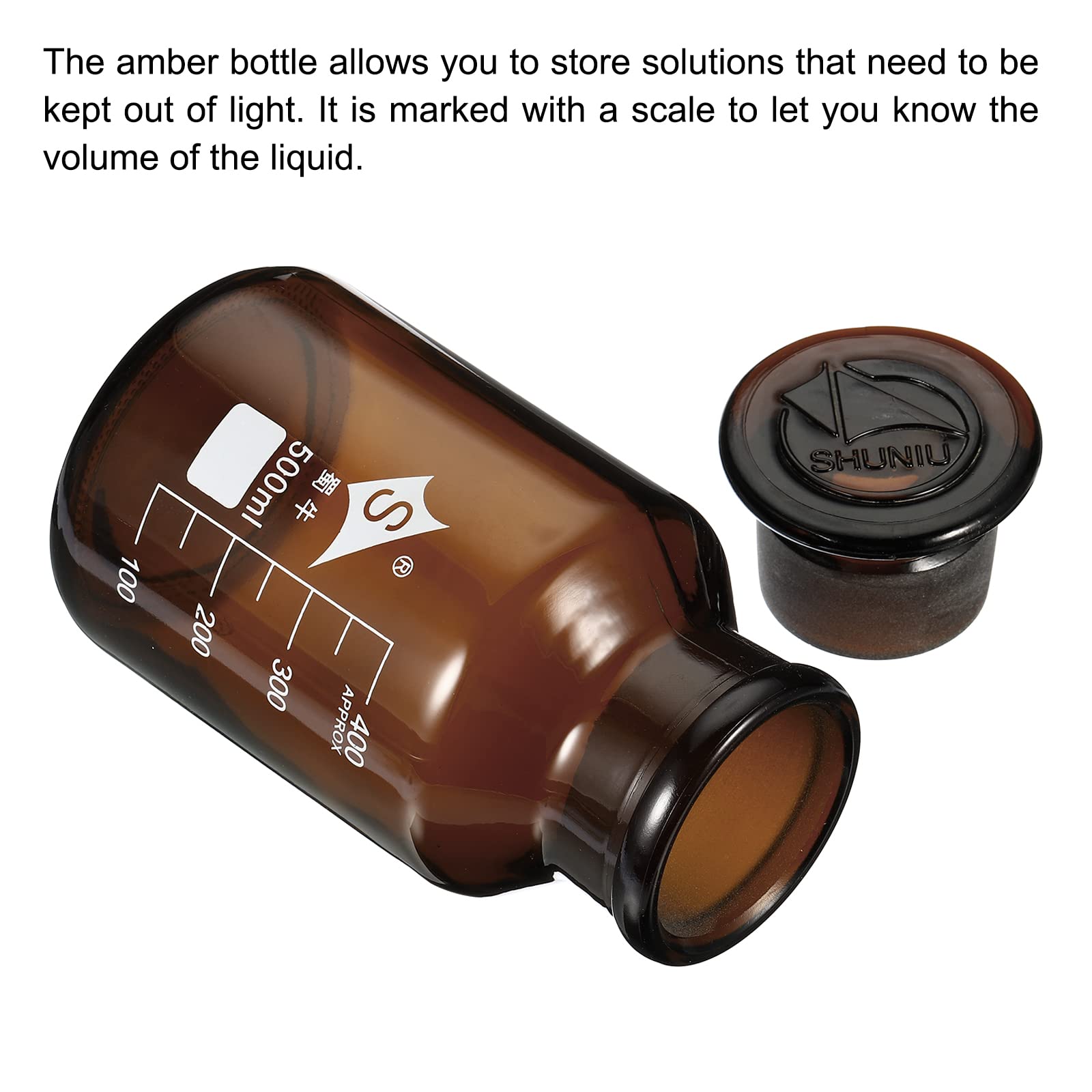 PATIKIL 500mL Reactivo Medios Botella, 1uds Redondo 3.3 Borosilicato Vidrio Graduado Almacenamiento Botella con Ámbar Tapa para Laboratorio Hogar, Ámbar