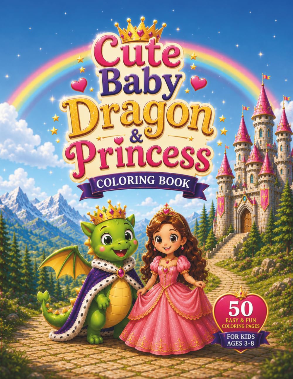 Cute Baby Dragon & Princess Coloring Book: 50 Easy & Fun Single-Sided Coloring Pages for Kids Ages 3–8
