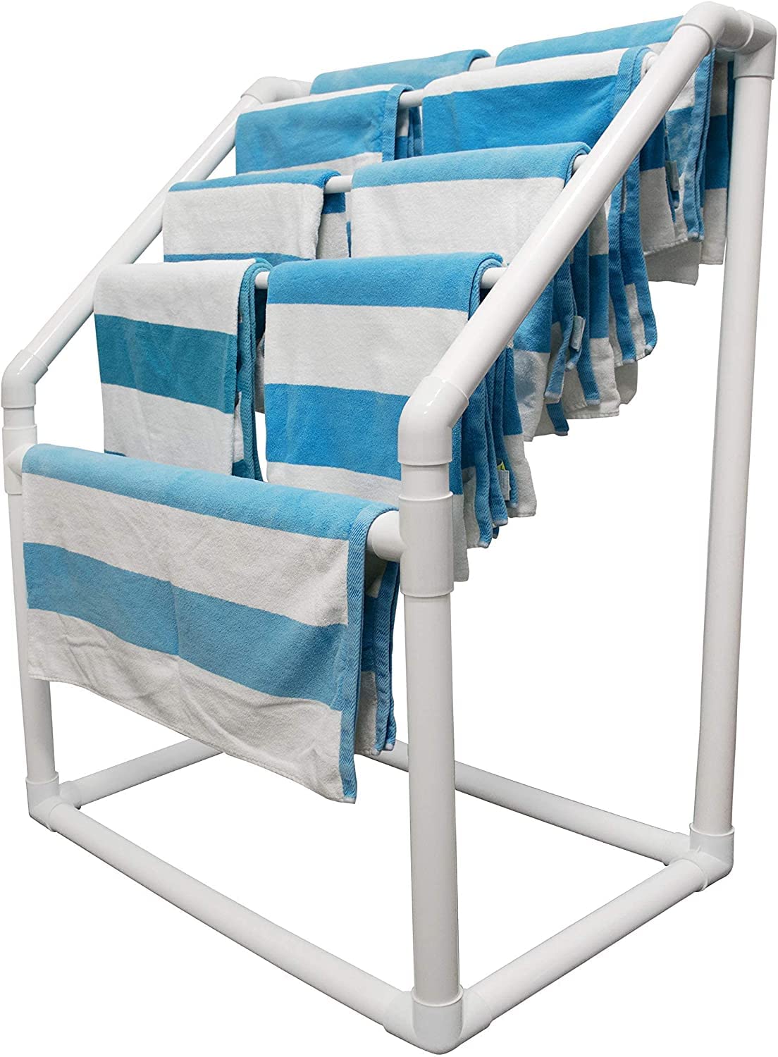 Pool Bins 5 Bar Pool Towel Rack White| Free Standing Poolside Storage Organizer, (22.5" L x 37" W x 50" H), White