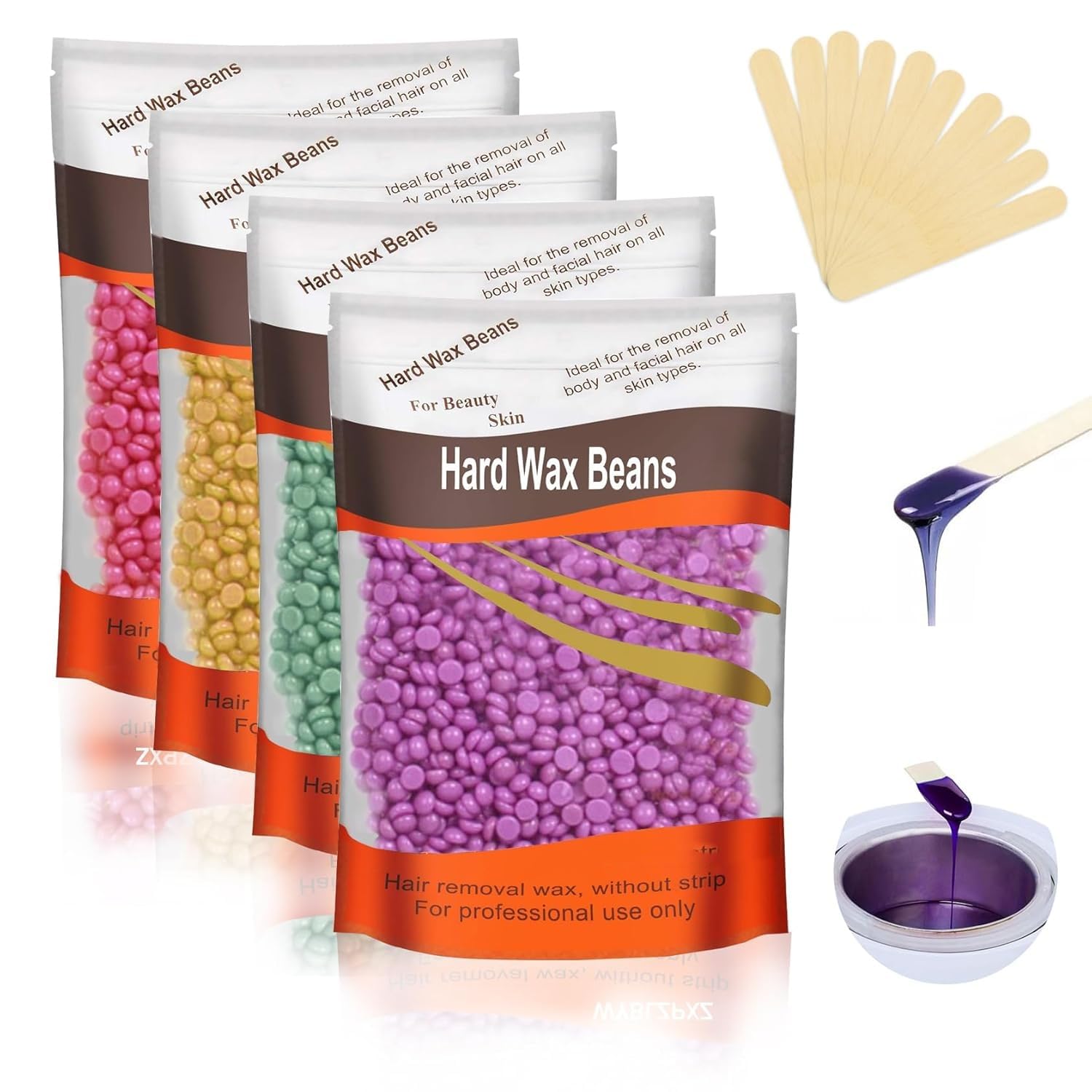Hard Wax Beads for Hair Removal (4 Colors), Gentle Wax Kit with 10 Applicator Sticks – Peel-Off Waxing Beads for Sensitive Skin, Brazilian, Face, Eyebrows, Legs – Painless Waxing for Women & Men