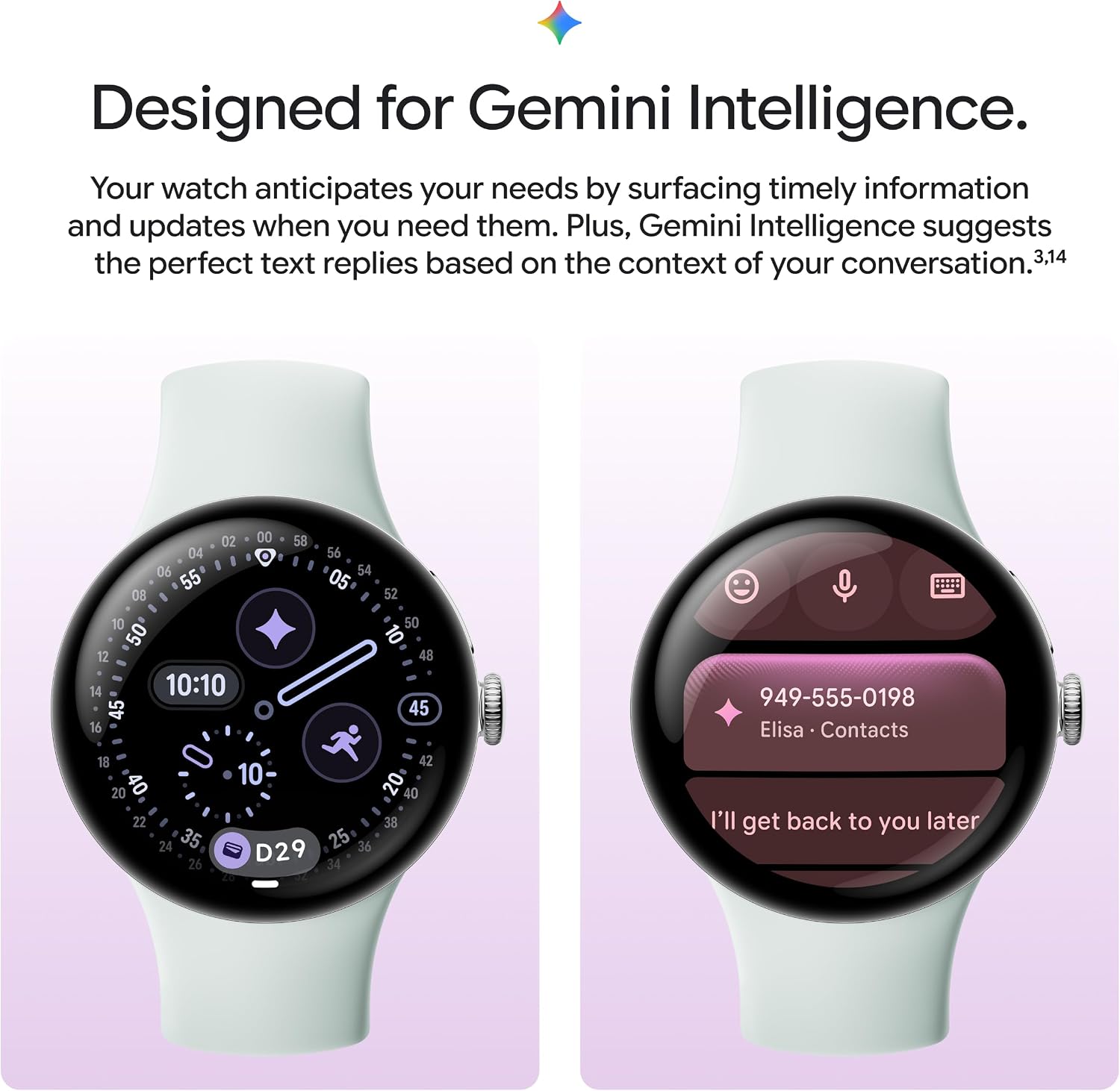 Google Pixel Watch 5 displaying a smart reply suggestion for a text message